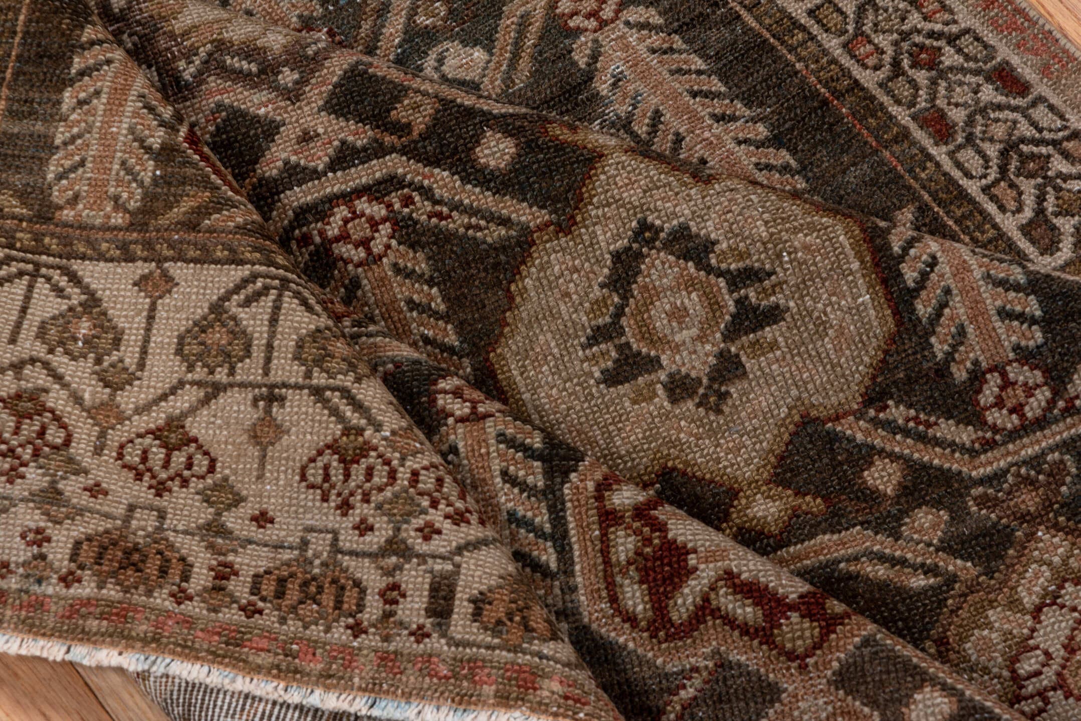 3' x 6' one-of-a-kind handmade antique Malayer small size rug. Color palette: brown, ivory, taupe, rust, charcoal, camel