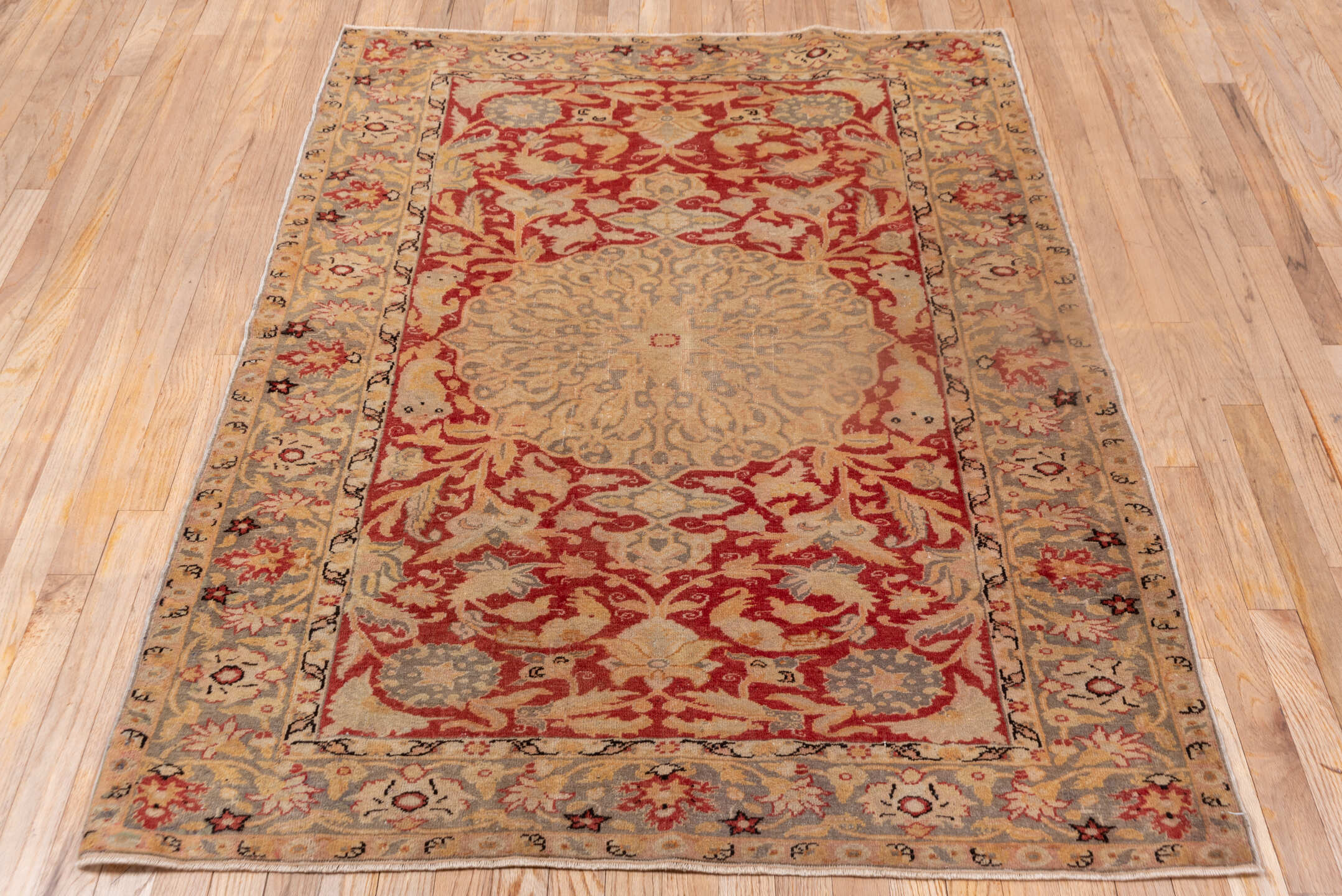 4' x 5' one-of-a-kind handmade vintage Kaisary small size rug. Color palette: brown, dark red, gray, light gray, off-white
