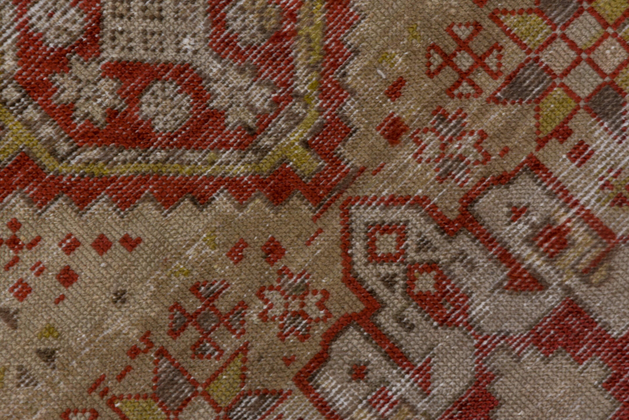 3' x 12' one-of-a-kind handmade antique Karaje runner rug. Color palette: ivory, rust, brick, taupe, camel, brown, rose