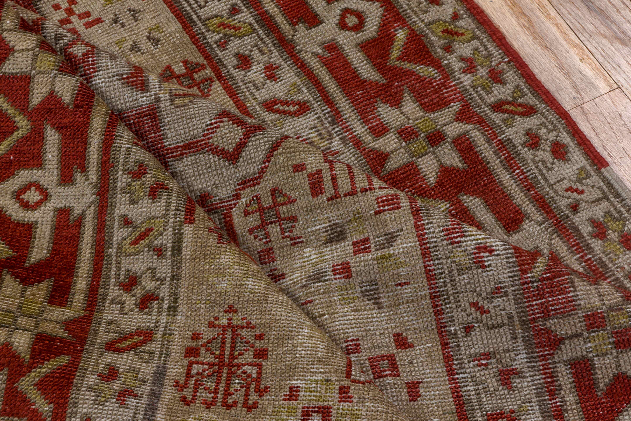 3' x 12' one-of-a-kind handmade antique Karaje runner rug. Color palette: ivory, rust, brick, taupe, camel, brown, rose