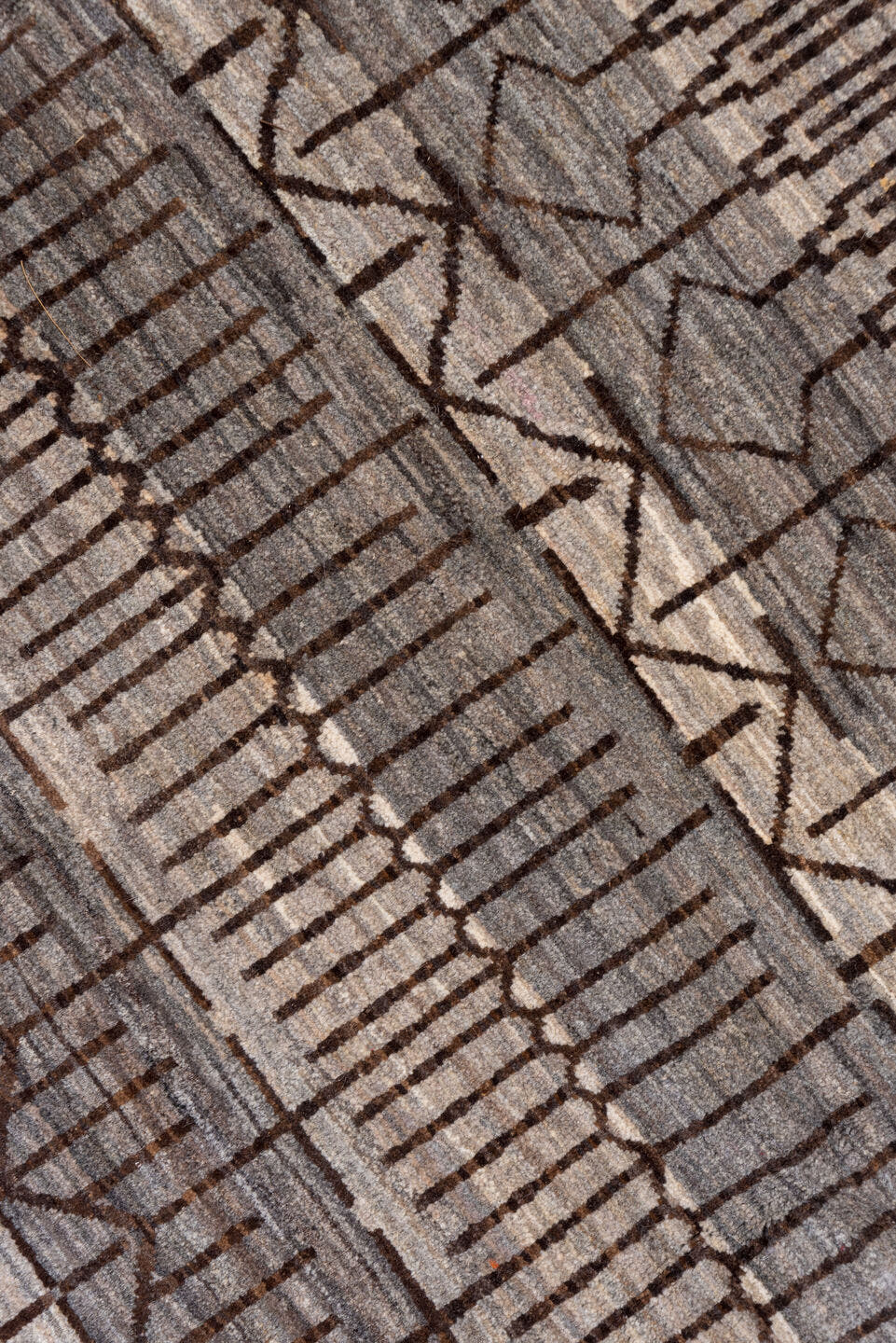 6' x 9' one-of-a-kind handmade vintage Gabbe medium size rug. Color palette: taupe, charcoal, ivory, brown, gray, beige