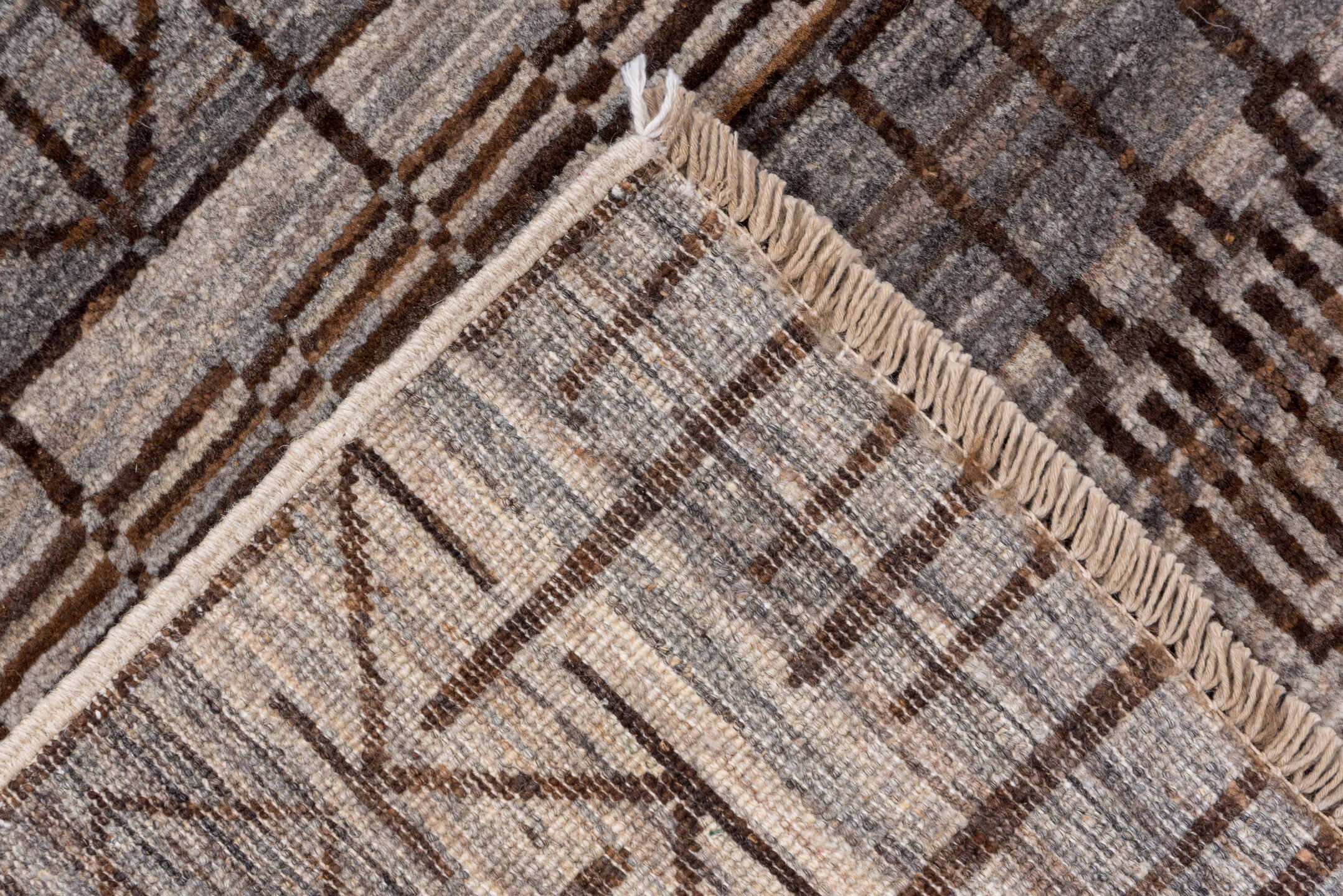 6' x 9' one-of-a-kind handmade vintage Gabbe medium size rug. Color palette: taupe, charcoal, ivory, brown, gray, beige
