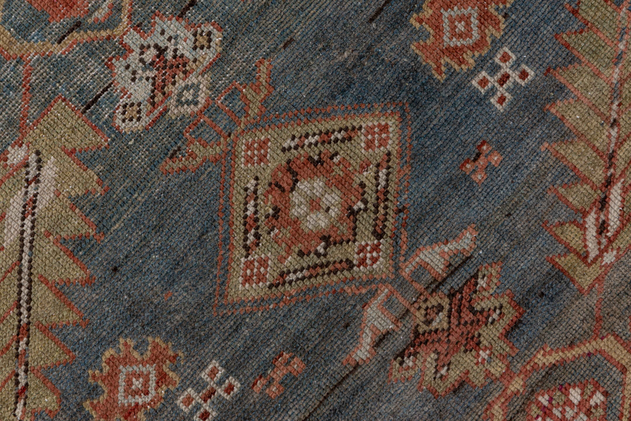 3' x 12' one-of-a-kind handmade antique NW Persian runner rug. Color palette: blue, rust, ivory, camel, burgundy, taupe