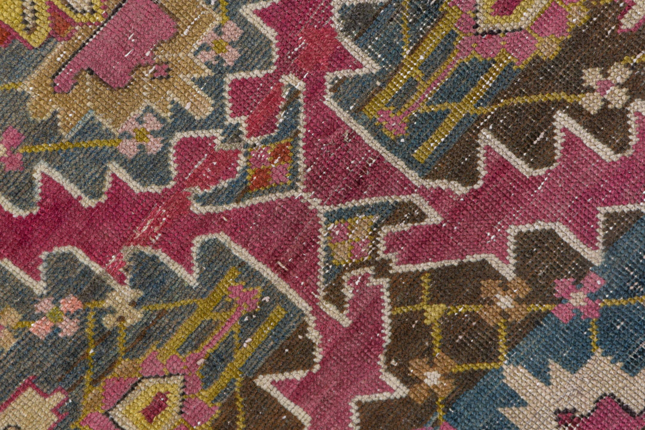 3' x 17' one-of-a-kind handmade antique Karabagh runner rug. Color palette: rose, slate, taupe, burgundy, sage, ivory, gold