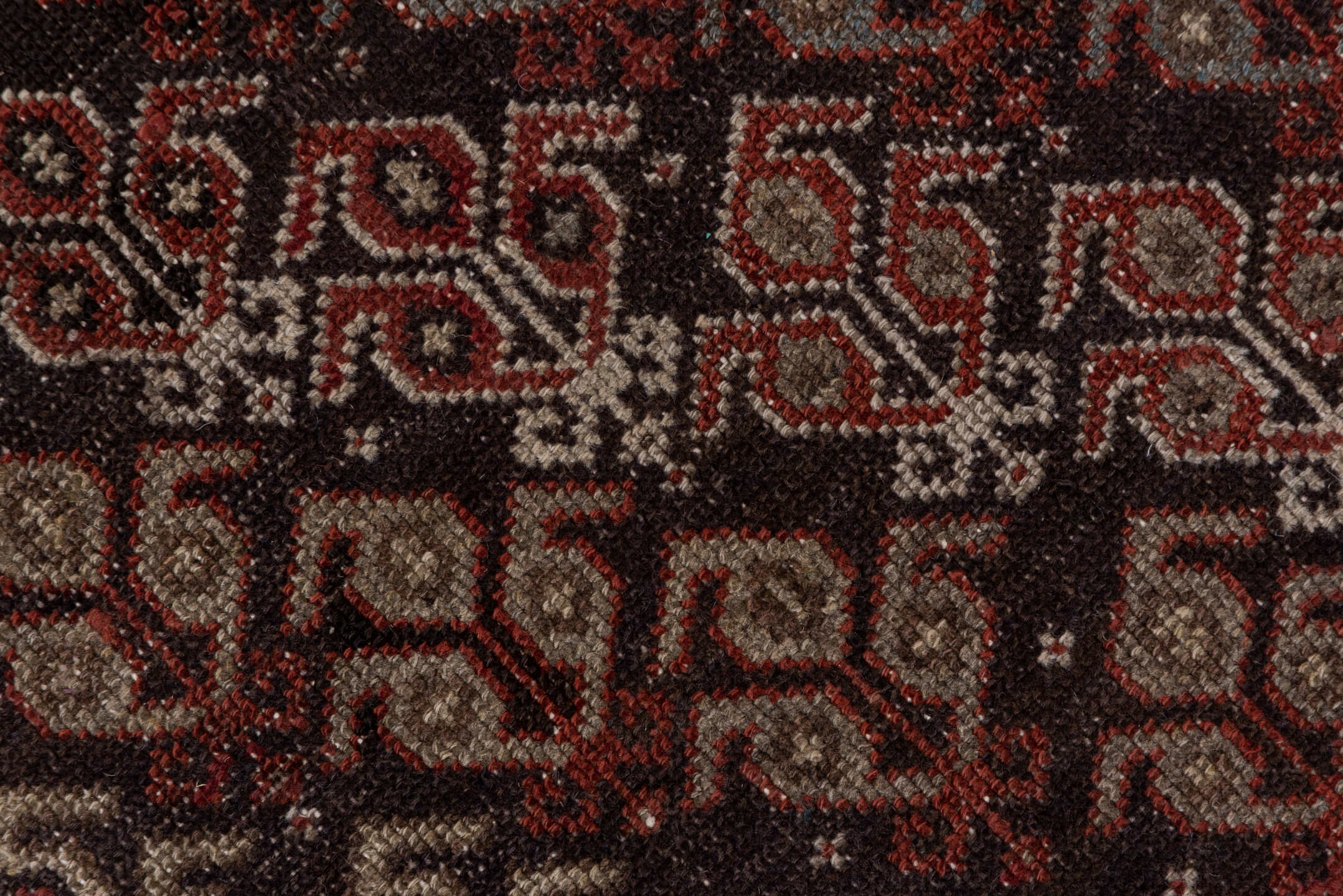 4' x 8' one-of-a-kind handmade vintage Malayer runner rug. Color palette: brown, gray, light gray, pink, red, redwood