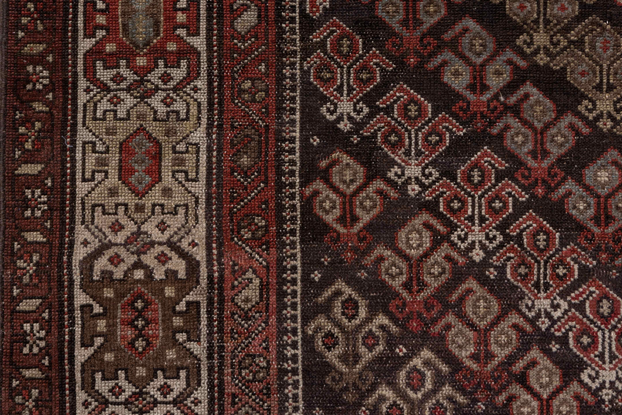 4' x 8' one-of-a-kind handmade vintage Malayer runner rug. Color palette: brown, gray, light gray, pink, red, redwood