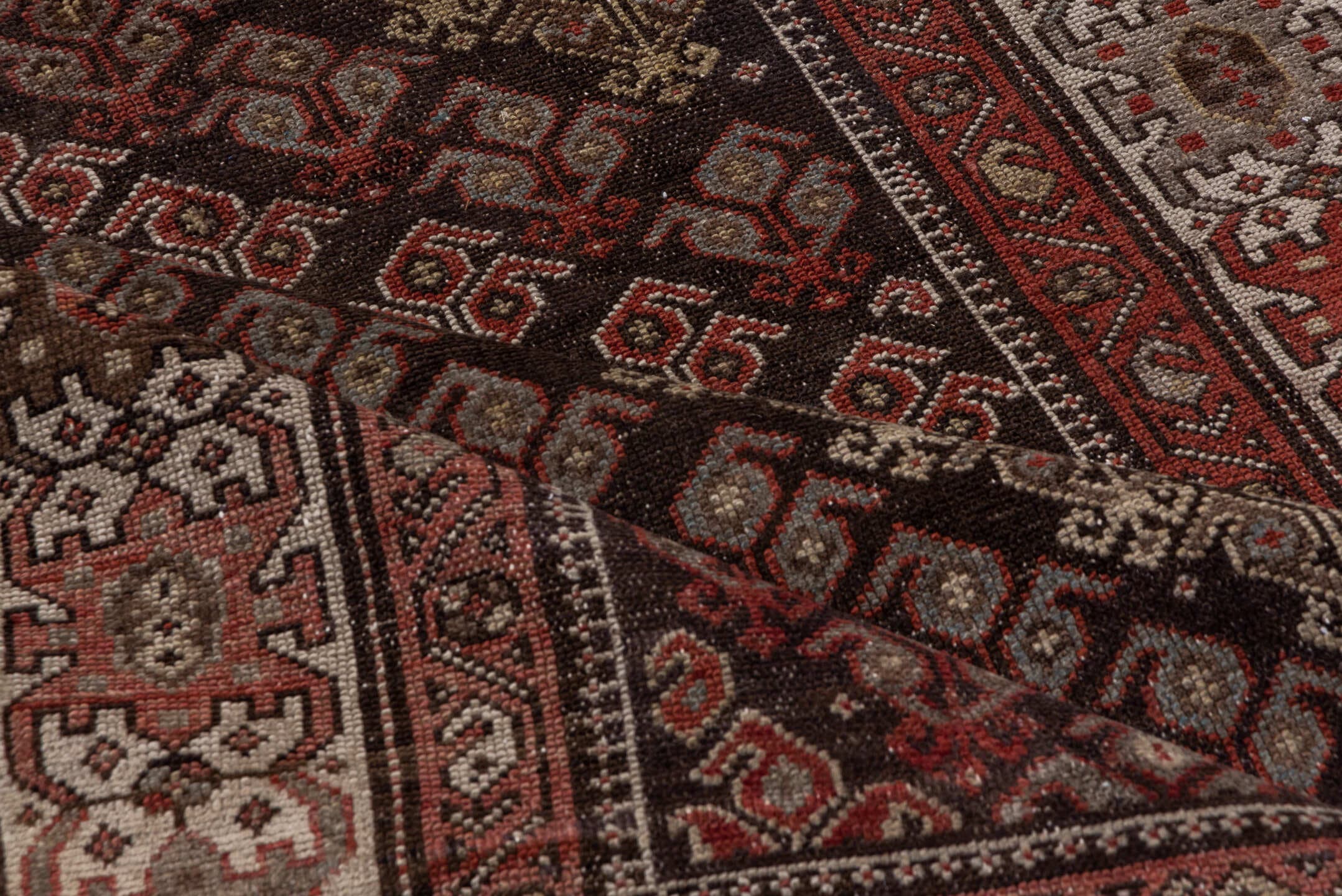 4' x 8' one-of-a-kind handmade antique Malayer runner rug. Color palette: brown, ivory, rust, rose, taupe, burgundy