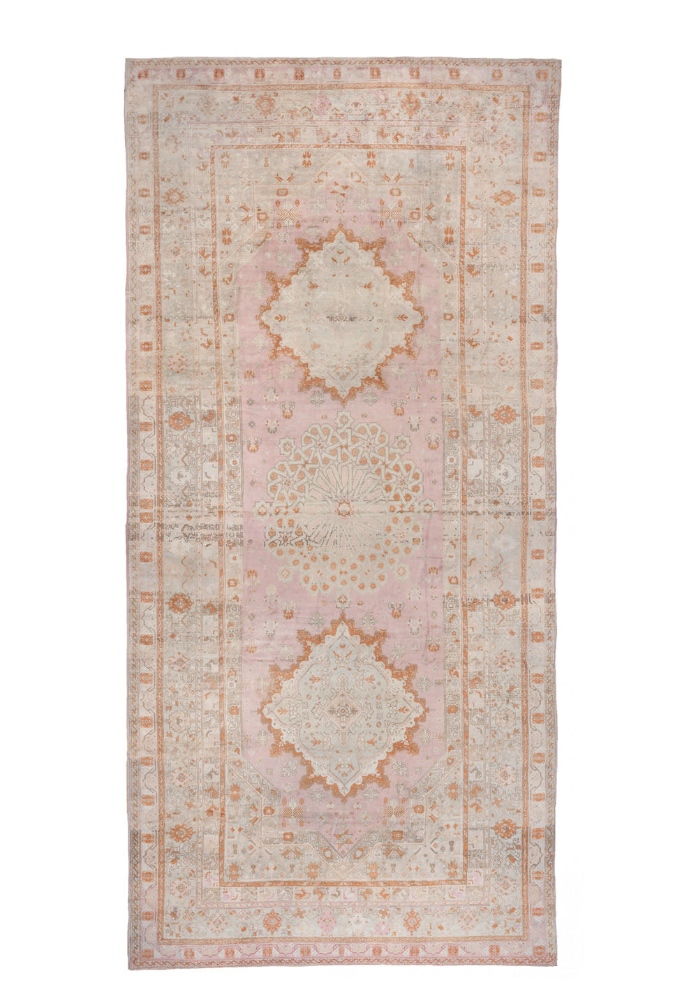 10' x 21' one-of-a-kind handmade antique Oushak rug. Color palette: ivory, blush, peach, taupe, camel, sage, pink