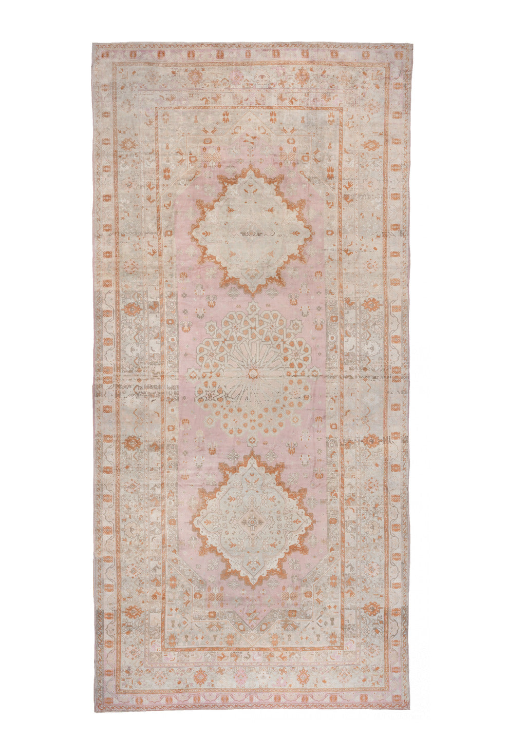 10' x 21' one-of-a-kind handmade antique Oushak rug. Color palette: ivory, blush, peach, taupe, camel, sage, pink