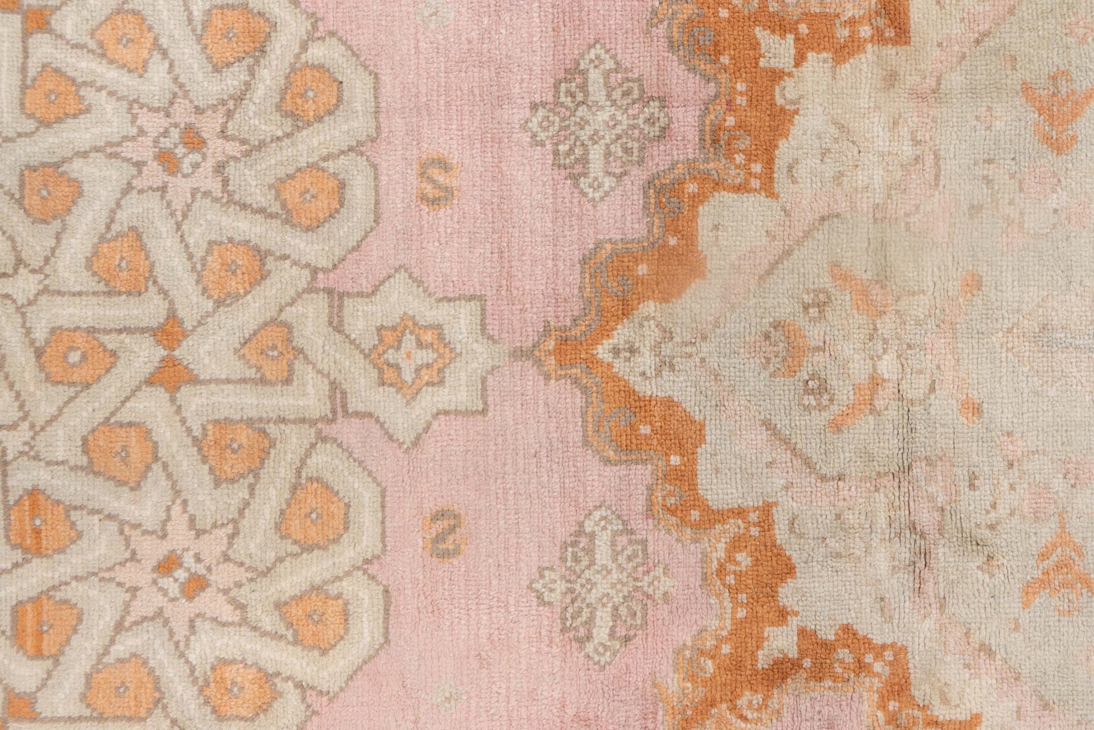 10' x 21' one-of-a-kind handmade antique Oushak rug. Color palette: ivory, blush, peach, taupe, camel, sage, pink