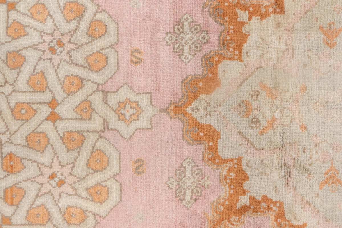 10' x 21' one-of-a-kind handmade antique Oushak rug. Color palette: ivory, blush, peach, taupe, camel, sage, pink