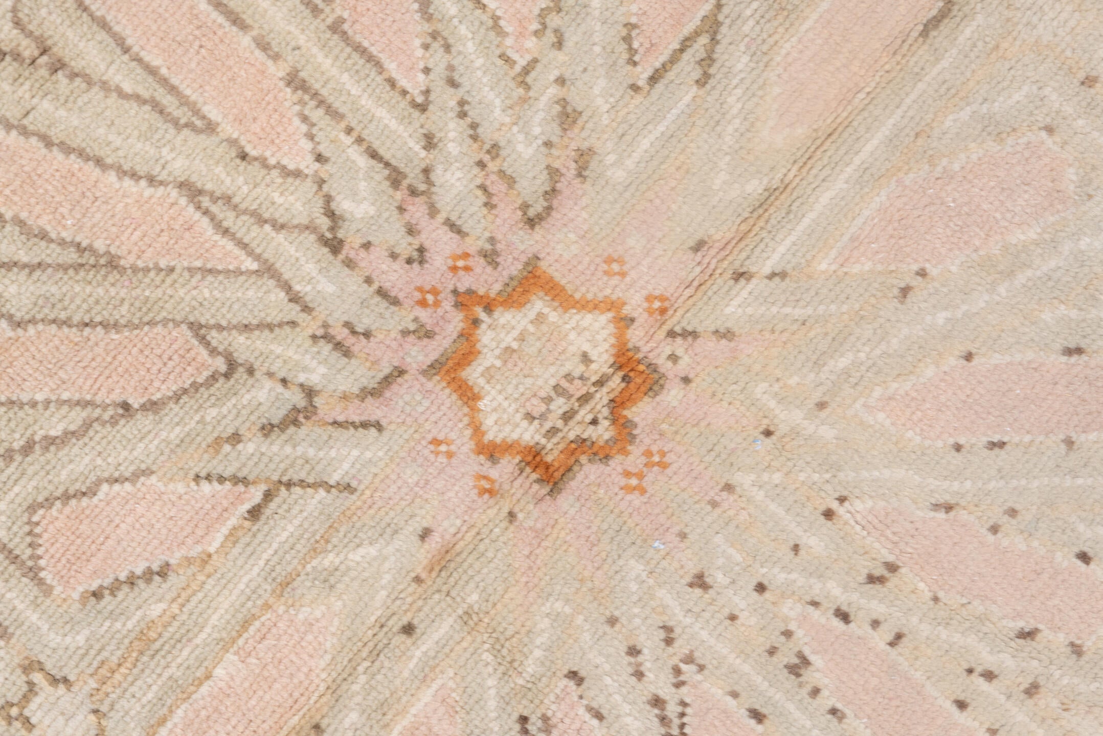 10' x 21' one-of-a-kind handmade antique Oushak rug. Color palette: ivory, blush, peach, taupe, camel, sage, pink