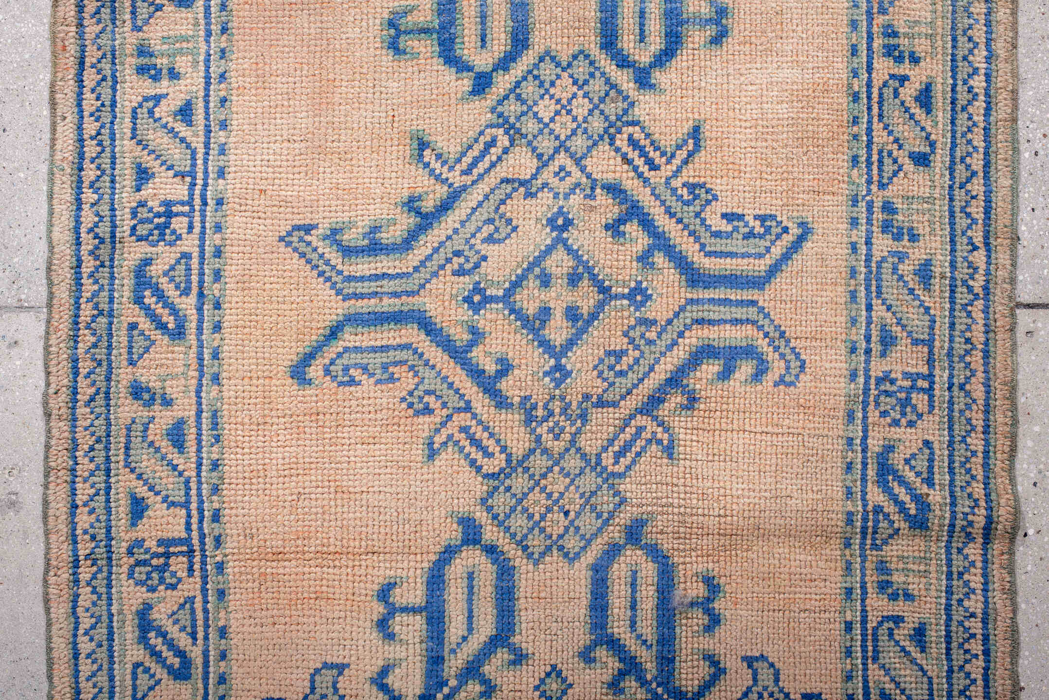 3' x 11' one-of-a-kind handmade antique Oushak runner rug. Color palette: peach, sky blue, ivory, beige, camel, terracotta