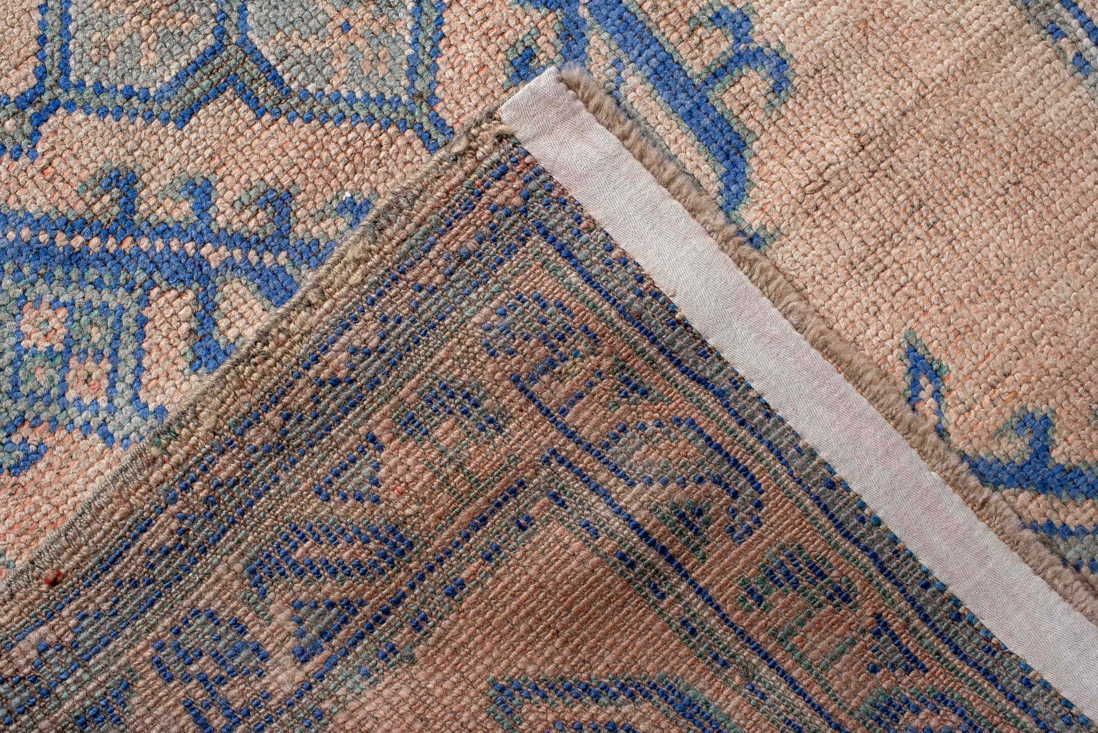 3' x 11' one-of-a-kind handmade antique Oushak runner rug. Color palette: peach, sky blue, ivory, beige, camel, terracotta