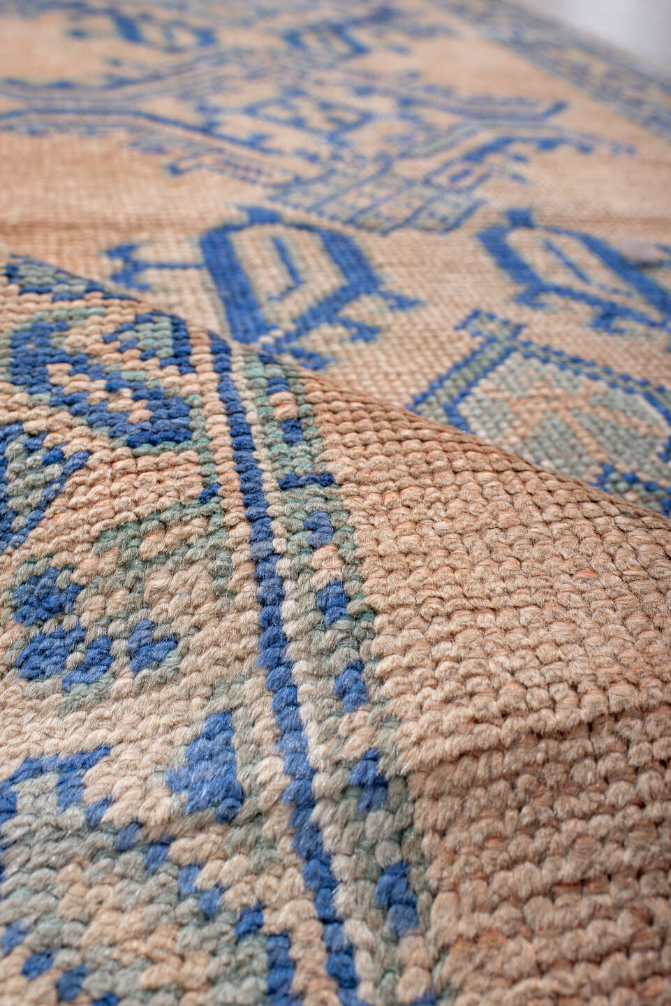 3' x 11' one-of-a-kind handmade antique Oushak runner rug. Color palette: peach, sky blue, ivory, beige, camel, terracotta