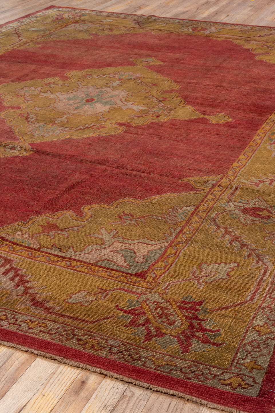 8' x 11' one-of-a-kind handmade vintage Oushak large size rug. Color palette: brown, off-white, orange, pink, red