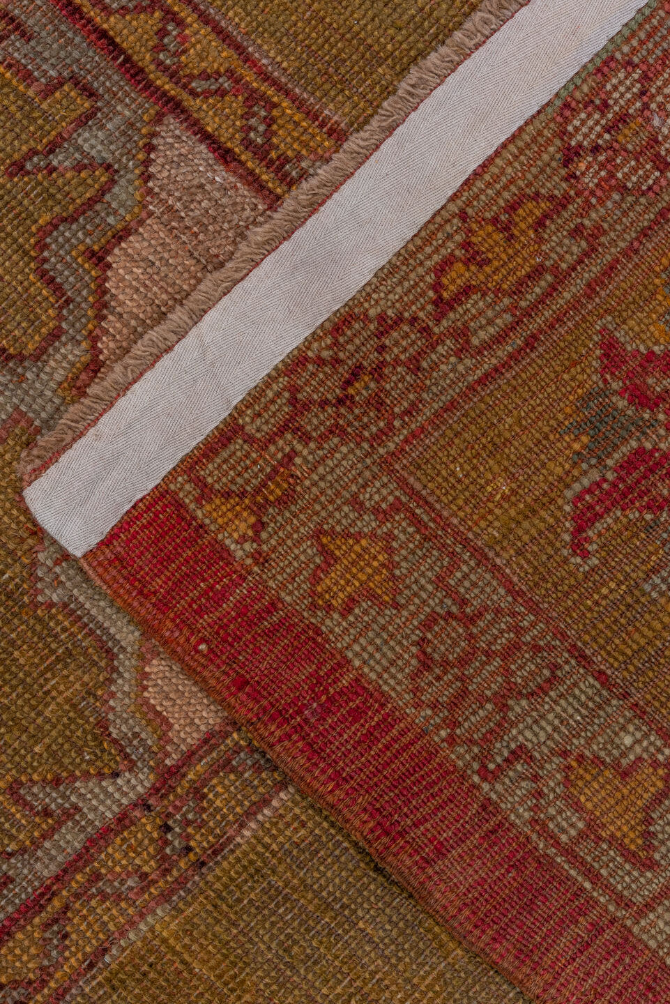 8' x 11' one-of-a-kind handmade antique Oushak large size rug. Color palette: terra cotta, olive, rose, ivory, rust, sage