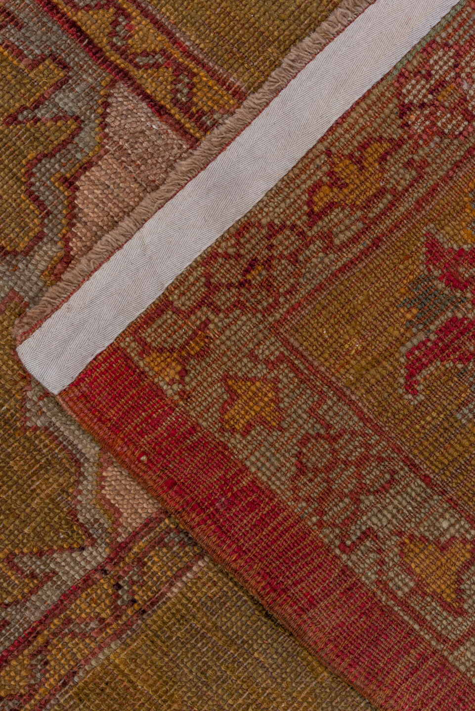 8' x 11' one-of-a-kind handmade vintage Oushak large size rug. Color palette: brown, off-white, orange, pink, red