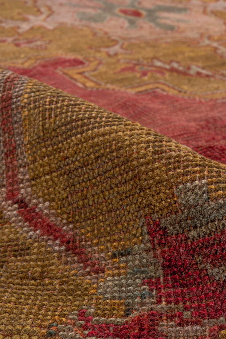 8' x 11' one-of-a-kind handmade antique Oushak large size rug. Color palette: terra cotta, olive, rose, ivory, rust, sage