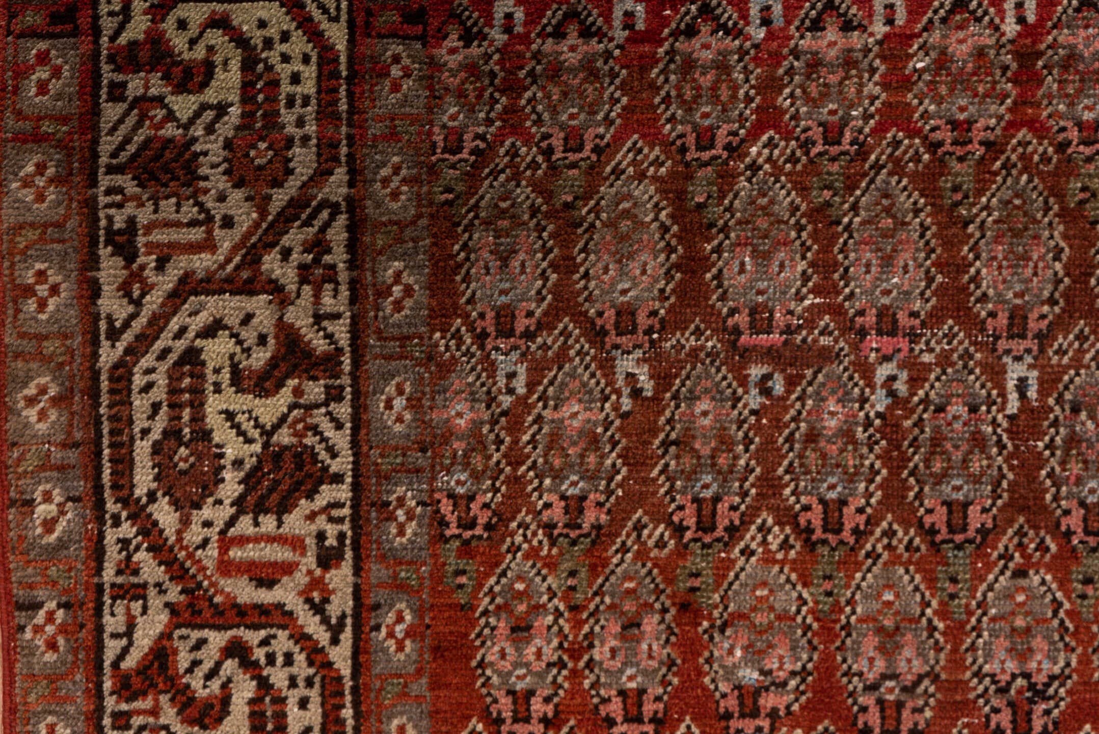 3' x 19' one-of-a-kind handmade antique Saraband runner rug. Color palette: rust, ivory, brick, burgundy, camel, brown