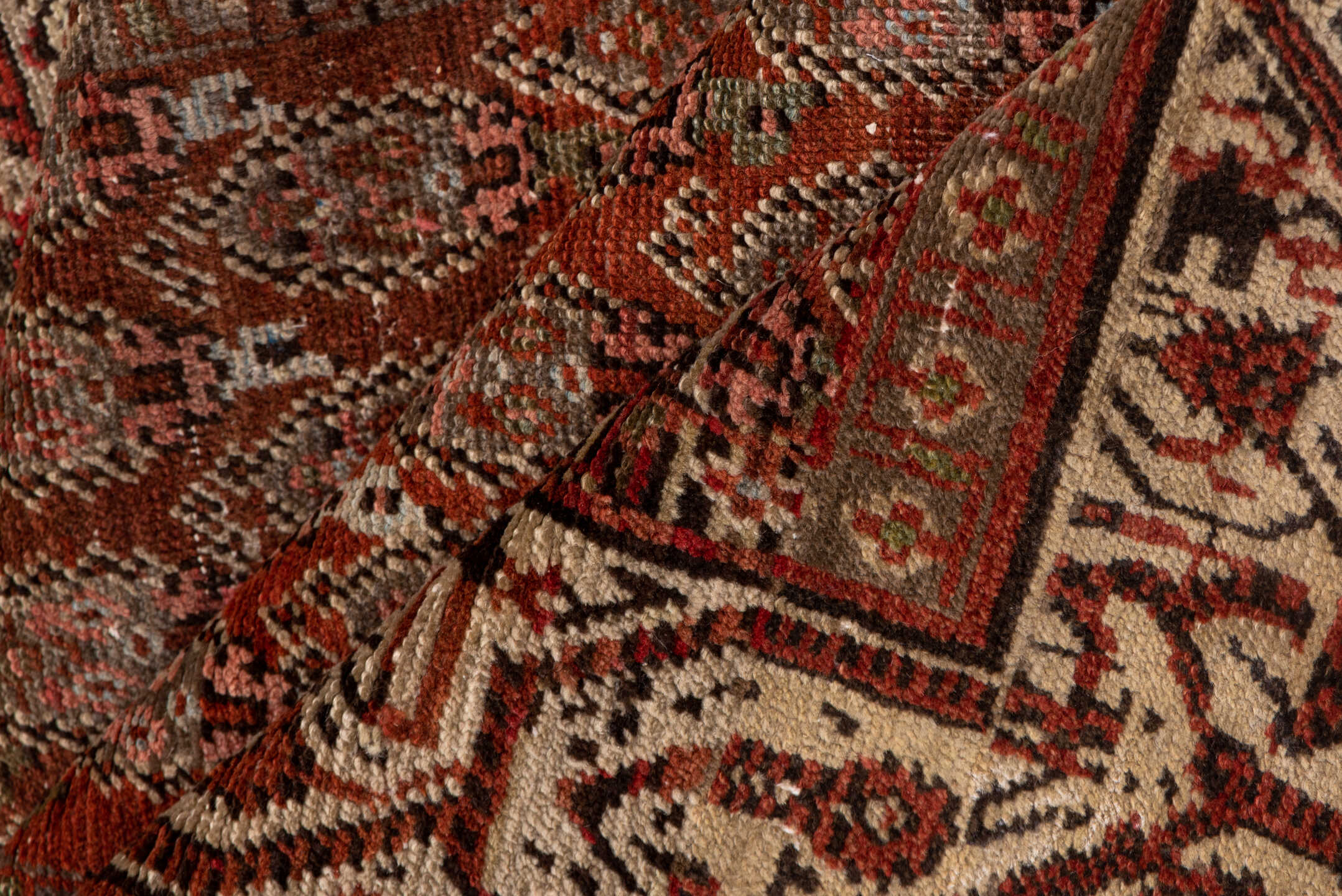 3' x 19' one-of-a-kind handmade vintage Saraband runner rug. Color palette: brown, gray, light gray, pink, red