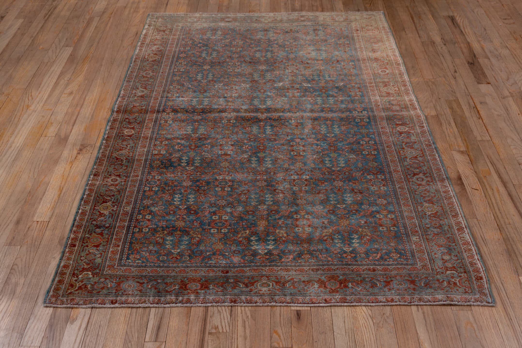4' x 6' one-of-a-kind handmade antique Malayer small size rug. Color palette: blue, rust, ivory, terra cotta, slate, camel