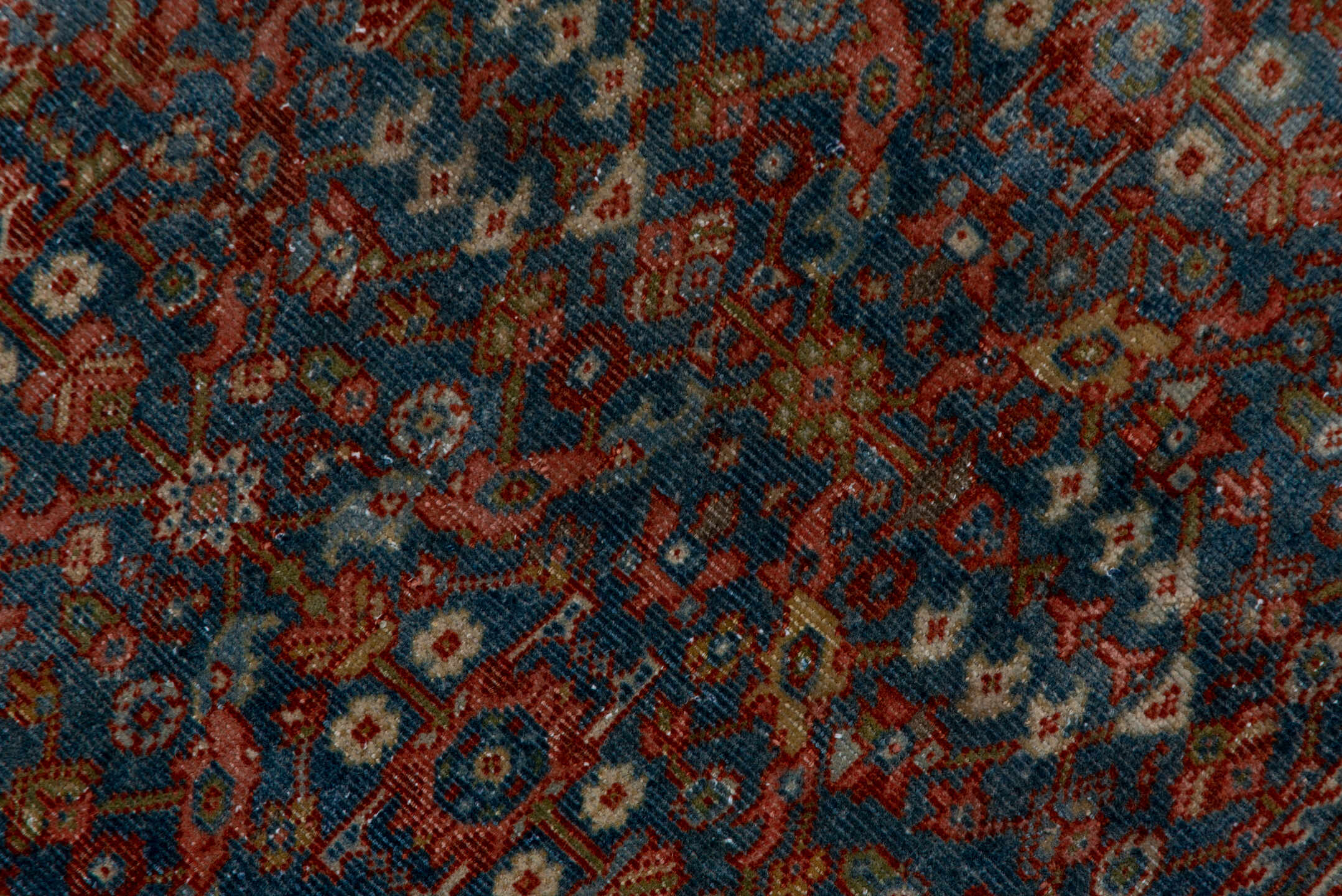 4' x 6' one-of-a-kind handmade antique Malayer small size rug. Color palette: blue, rust, ivory, terra cotta, slate, camel