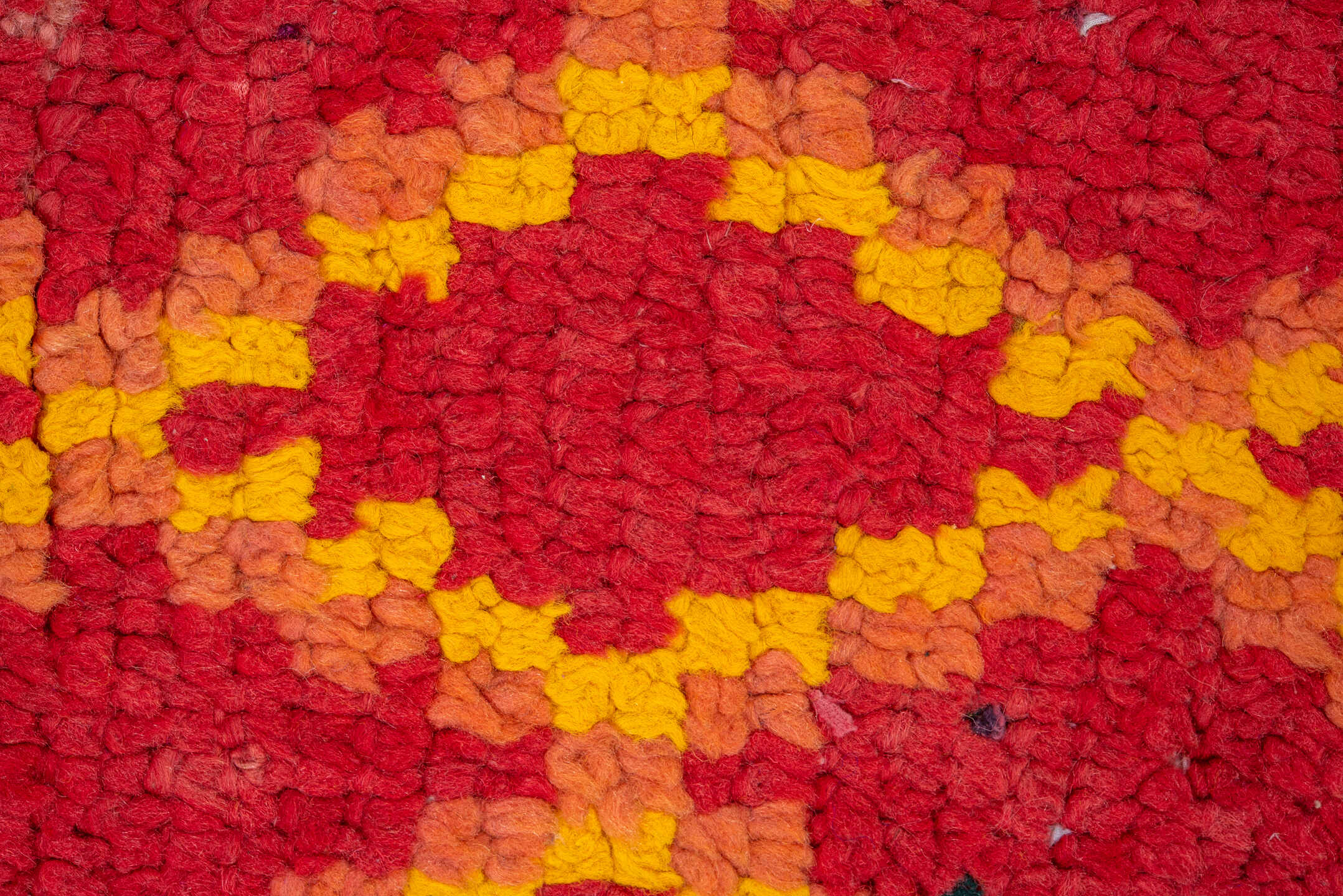 3' x 9' one-of-a-kind handmade vintage Rag Rug runner rug. Color palette: red, coral, gold, terra cotta, rose, terracotta