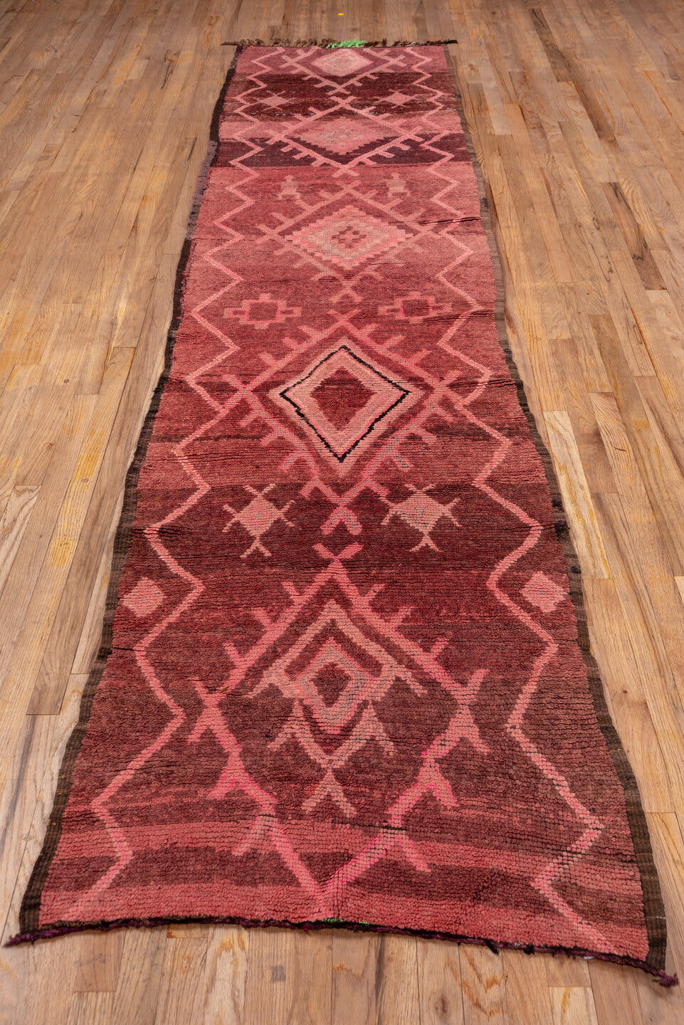 2' x 13' one-of-a-kind handmade vintage Rag Rug runner rug. Color palette: rose, mauve, dusty pink, burgundy, blush, brown