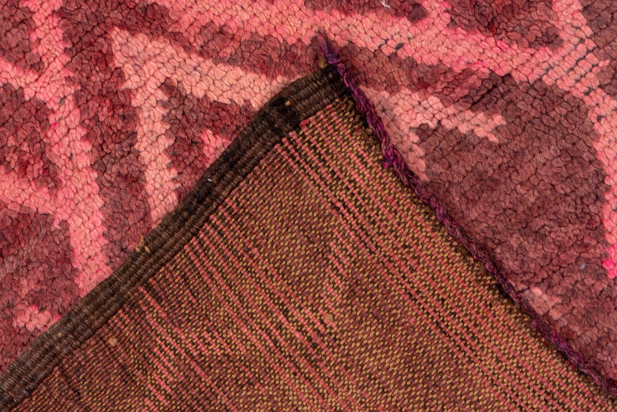 2' x 13' one-of-a-kind handmade vintage Rag Rug runner rug. Color palette: rose, mauve, dusty pink, burgundy, blush, brown