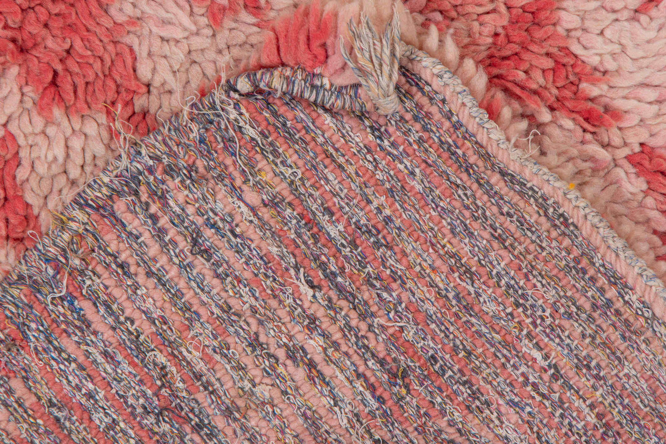 2' x 5' one-of-a-kind handmade vintage Moroccan small size rug. Color palette: rose, ivory, coral, blush, taupe, pink, red