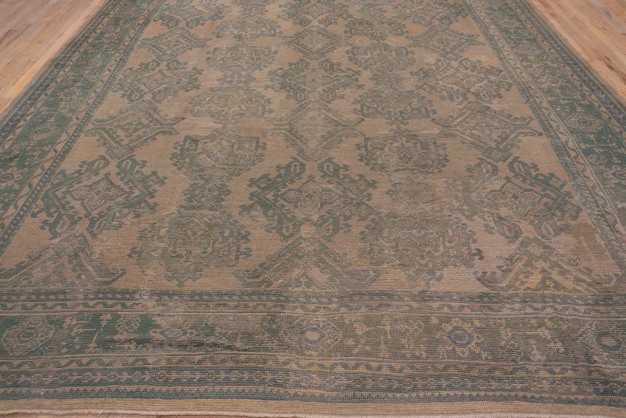11' x 13' one-of-a-kind handmade antique Oushak oversize rug. Color palette: taupe, teal, brown, camel, sage, charcoal