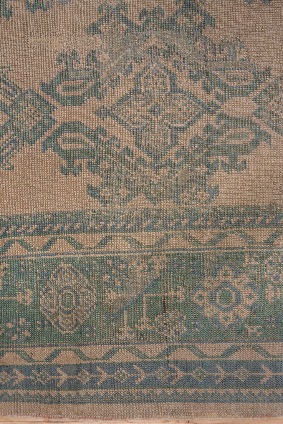 11' x 13' one-of-a-kind handmade antique Oushak oversize rug. Color palette: taupe, teal, brown, camel, sage, charcoal