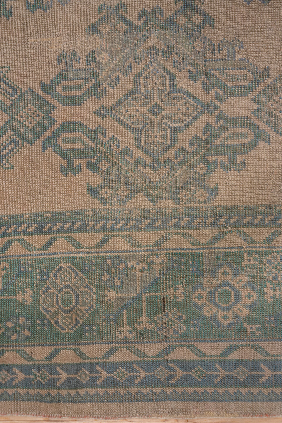 11' x 13' one-of-a-kind handmade antique Oushak oversize rug. Color palette: taupe, teal, brown, camel, sage, charcoal