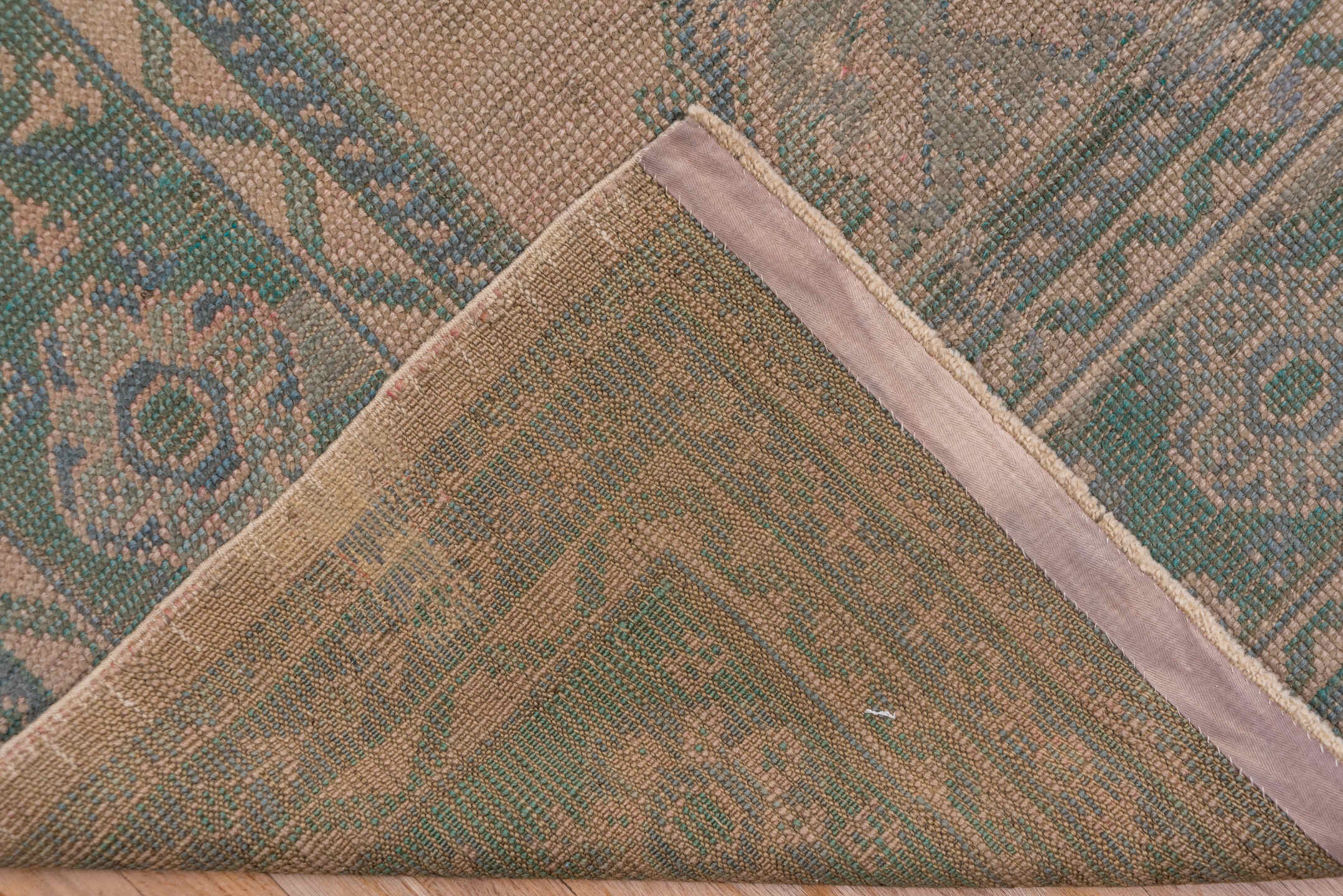11' x 13' one-of-a-kind handmade antique Oushak oversize rug. Color palette: taupe, teal, brown, camel, sage, charcoal
