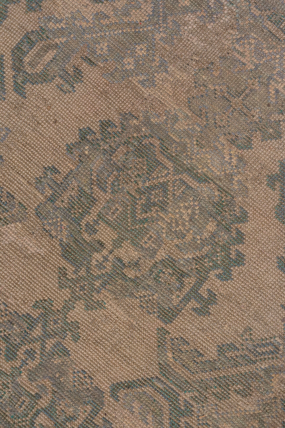 11' x 13' one-of-a-kind handmade antique Oushak oversize rug. Color palette: taupe, teal, brown, camel, sage, charcoal