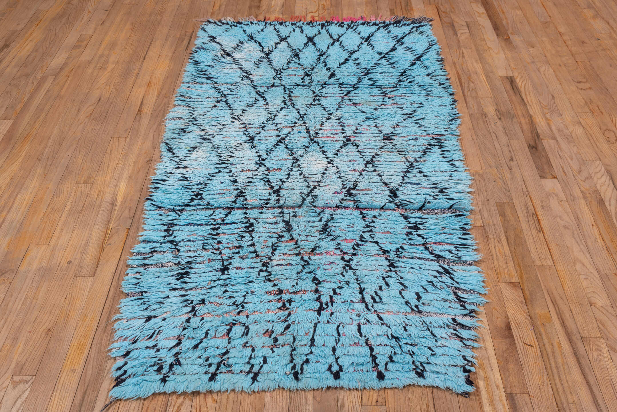 3' x 7' one-of-a-kind handmade vintage Rag Rug runner rug. Color palette: turquoise, charcoal, sky blue, rose, ivory, teal