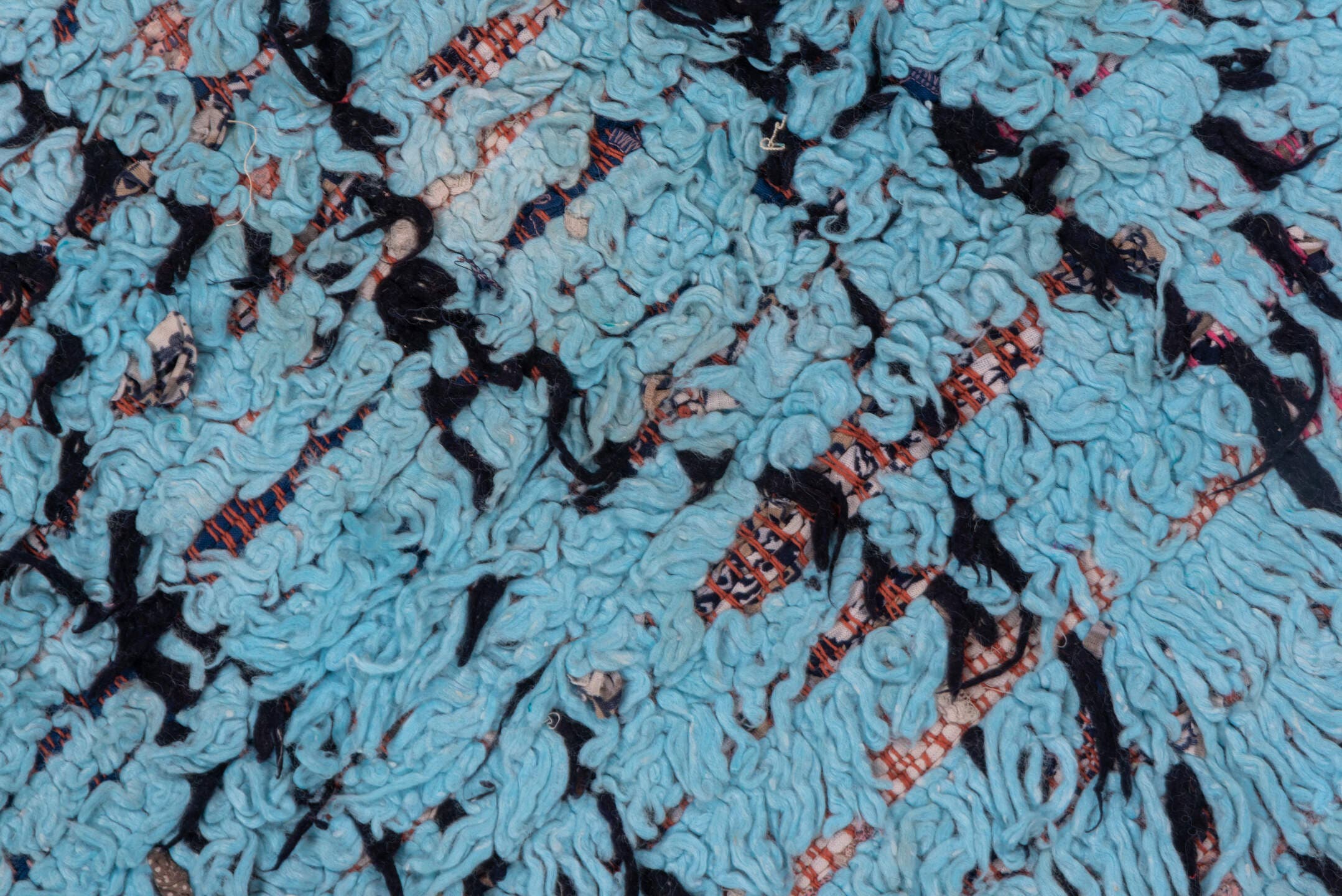 3' x 7' one-of-a-kind handmade vintage Rag Rug runner rug. Color palette: turquoise, charcoal, sky blue, rose, ivory, teal