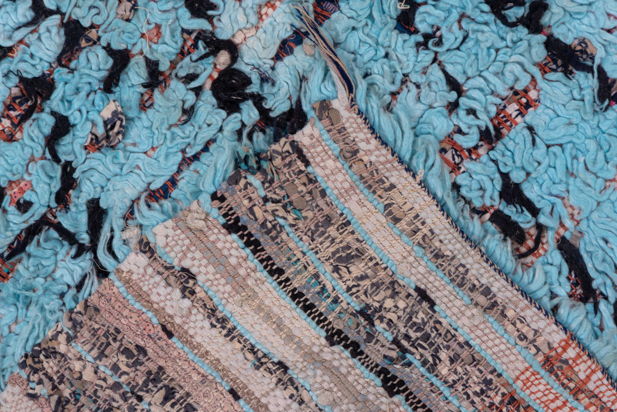 3' x 7' one-of-a-kind handmade vintage Rag Rug runner rug. Color palette: turquoise, charcoal, sky blue, rose, ivory, teal
