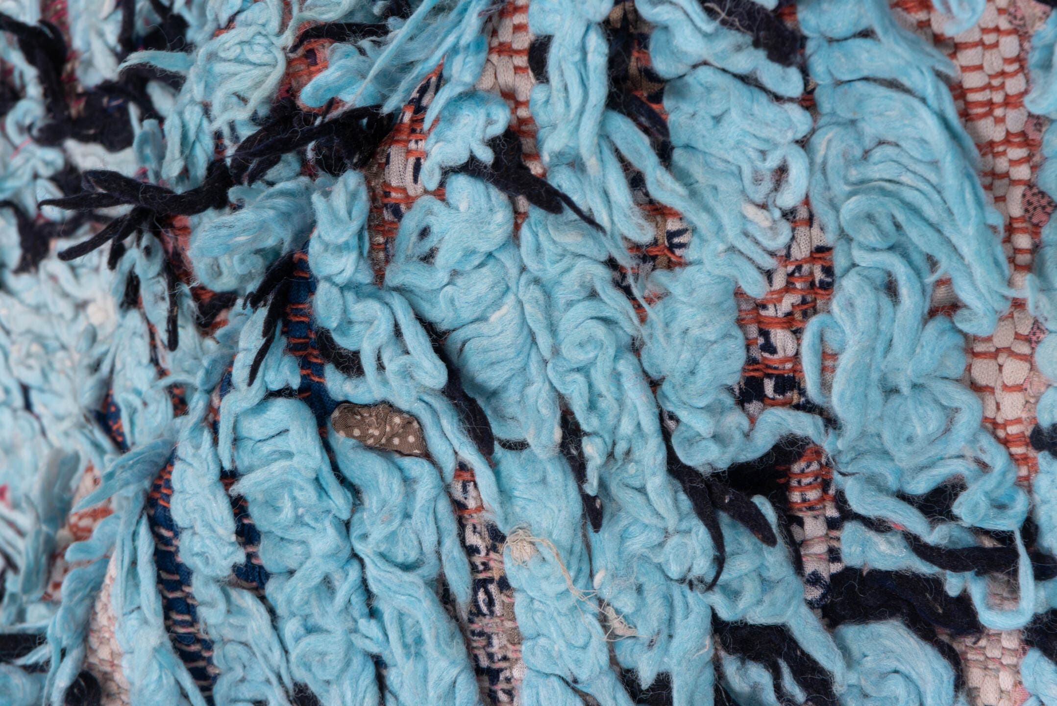 3' x 7' one-of-a-kind handmade vintage Rag Rug runner rug. Color palette: turquoise, charcoal, sky blue, rose, ivory, teal