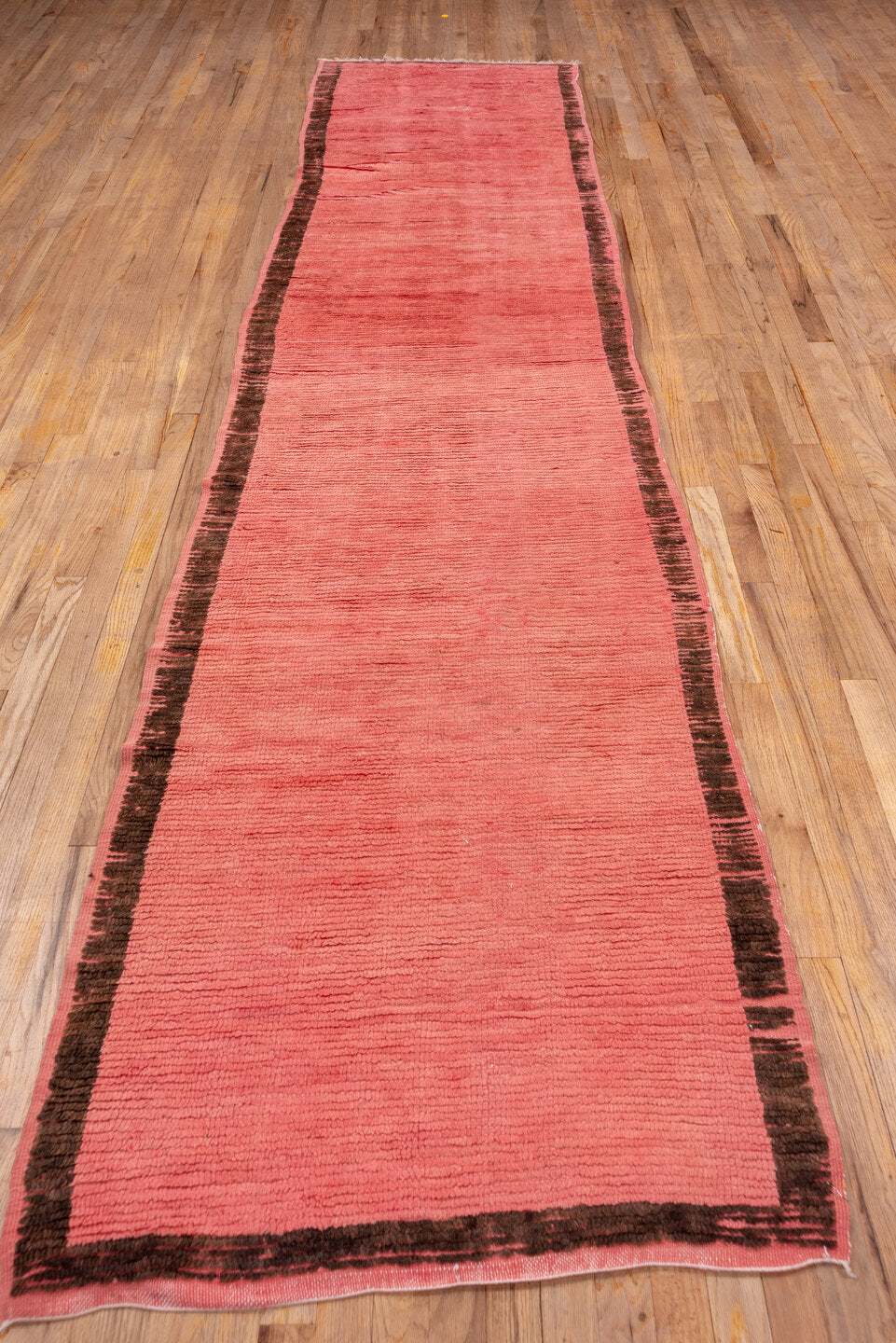 3' x 13' one-of-a-kind handmade vintage Rag Rug runner rug. Color palette: brown, indian red, off-white, pink, red, redwood