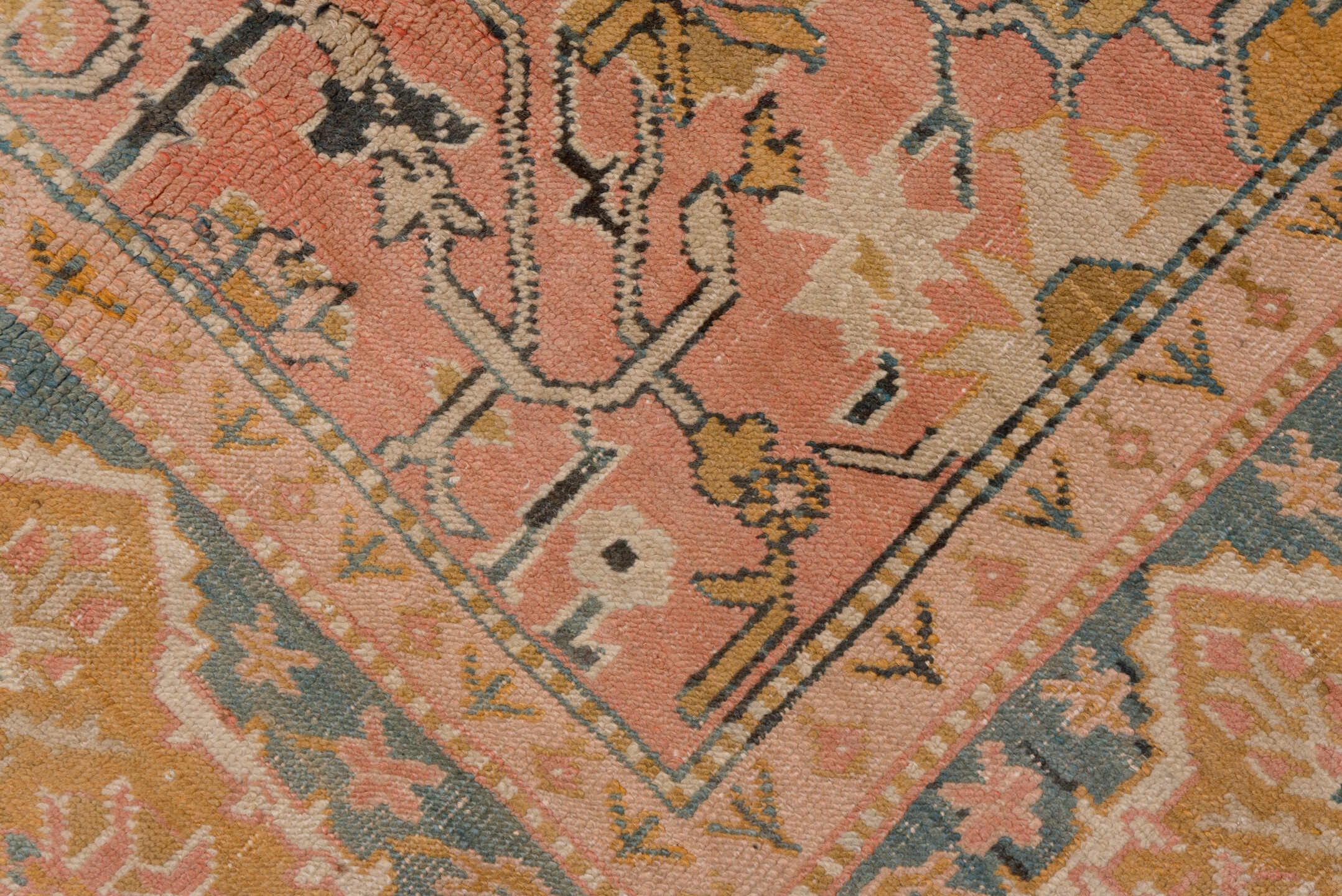 11' x 18' one-of-a-kind handmade antique Oushak oversize rug. Color palette: ivory, apricot, gold, sage, terra cotta, taupe