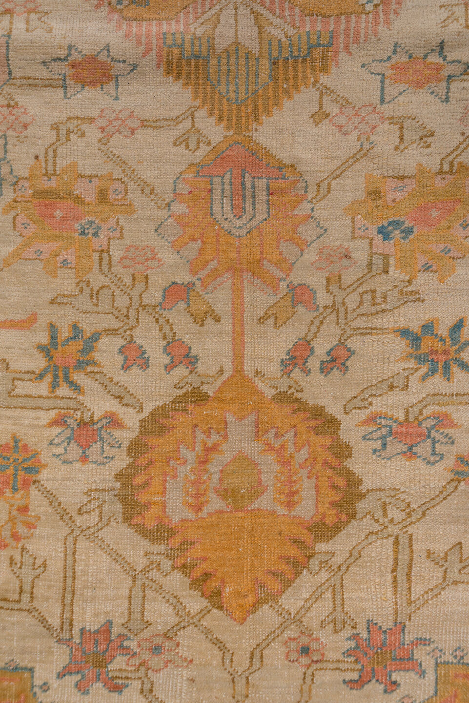 11' x 18' one-of-a-kind handmade antique Oushak oversize rug. Color palette: ivory, apricot, gold, sage, terra cotta, taupe