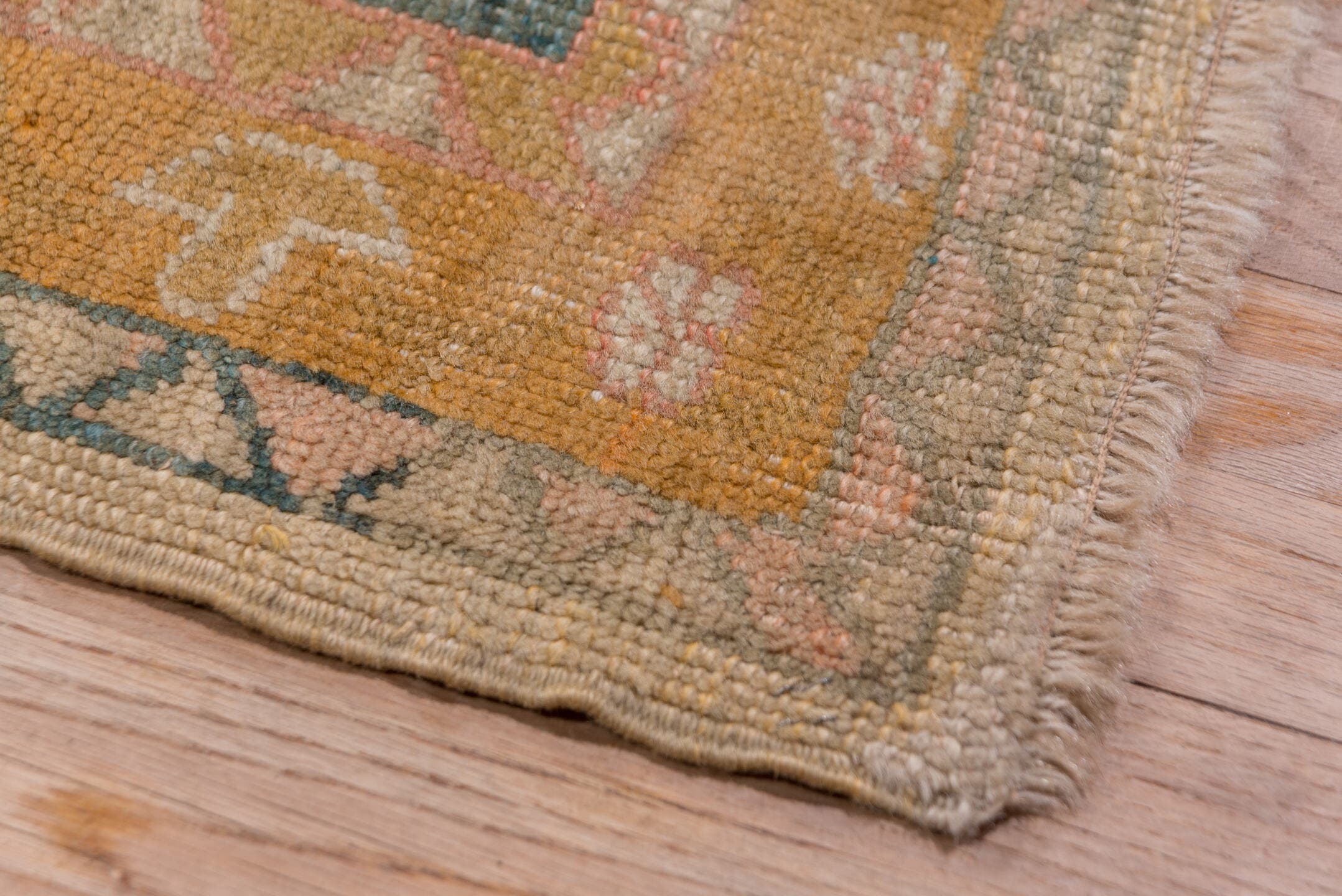 11' x 18' one-of-a-kind handmade antique Oushak oversize rug. Color palette: ivory, apricot, gold, sage, terra cotta, taupe