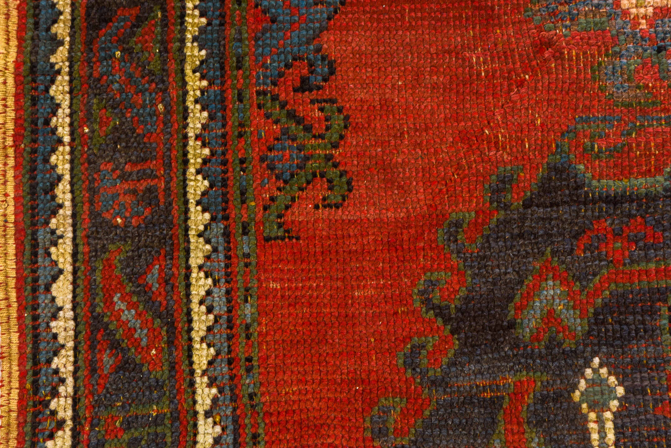 4' x 7' one-of-a-kind handmade antique Oushak rug. Color palette: rust, charcoal, crimson, ivory, slate, terra cotta