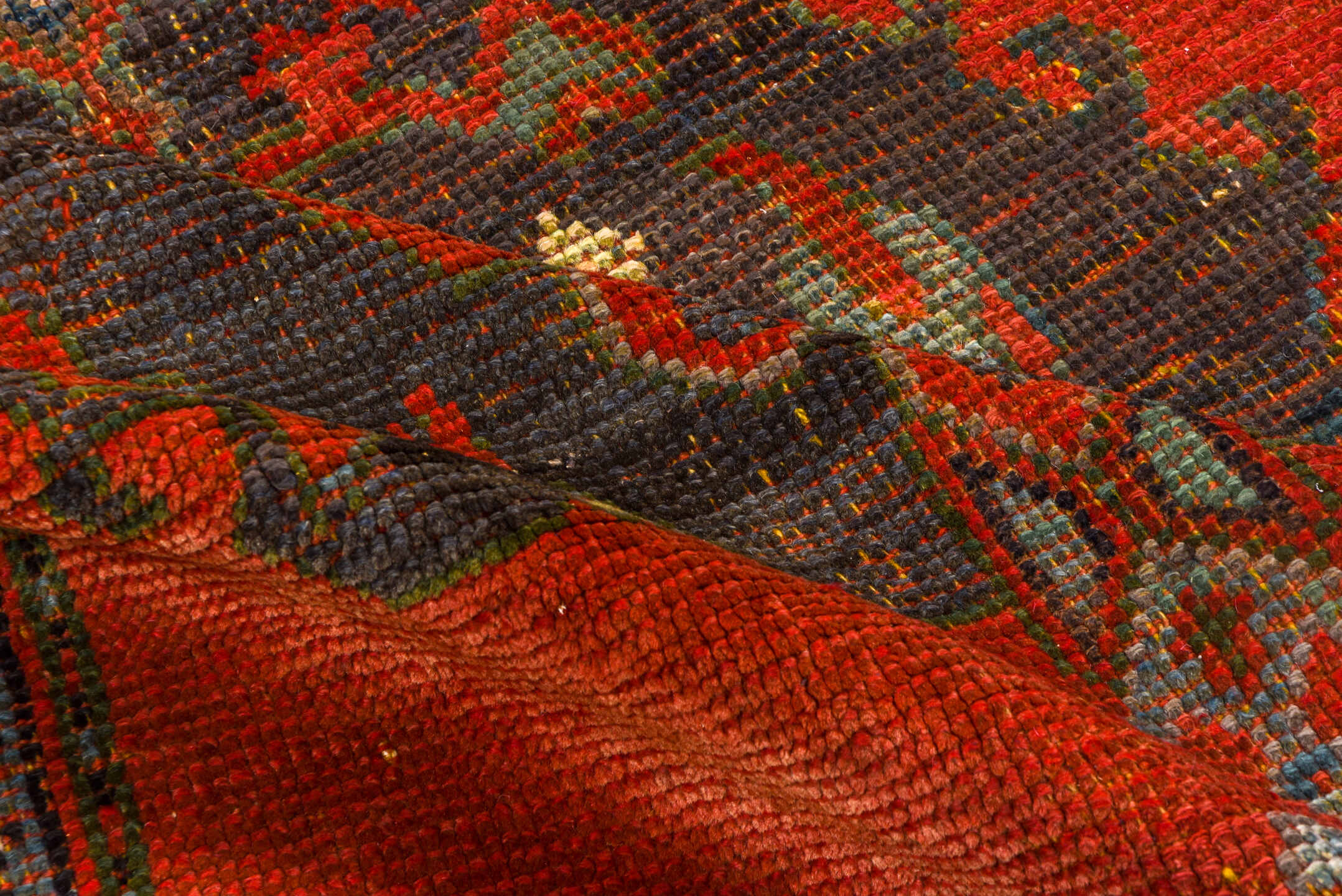 4' x 7' one-of-a-kind handmade antique Oushak rug. Color palette: rust, charcoal, crimson, ivory, slate, terra cotta