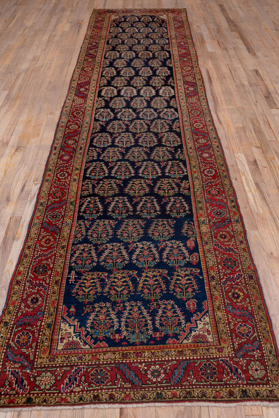 3' x 15' one-of-a-kind handmade antique NW Persian runner rug. Color palette: navy, rust, ivory, camel, indigo, burgundy