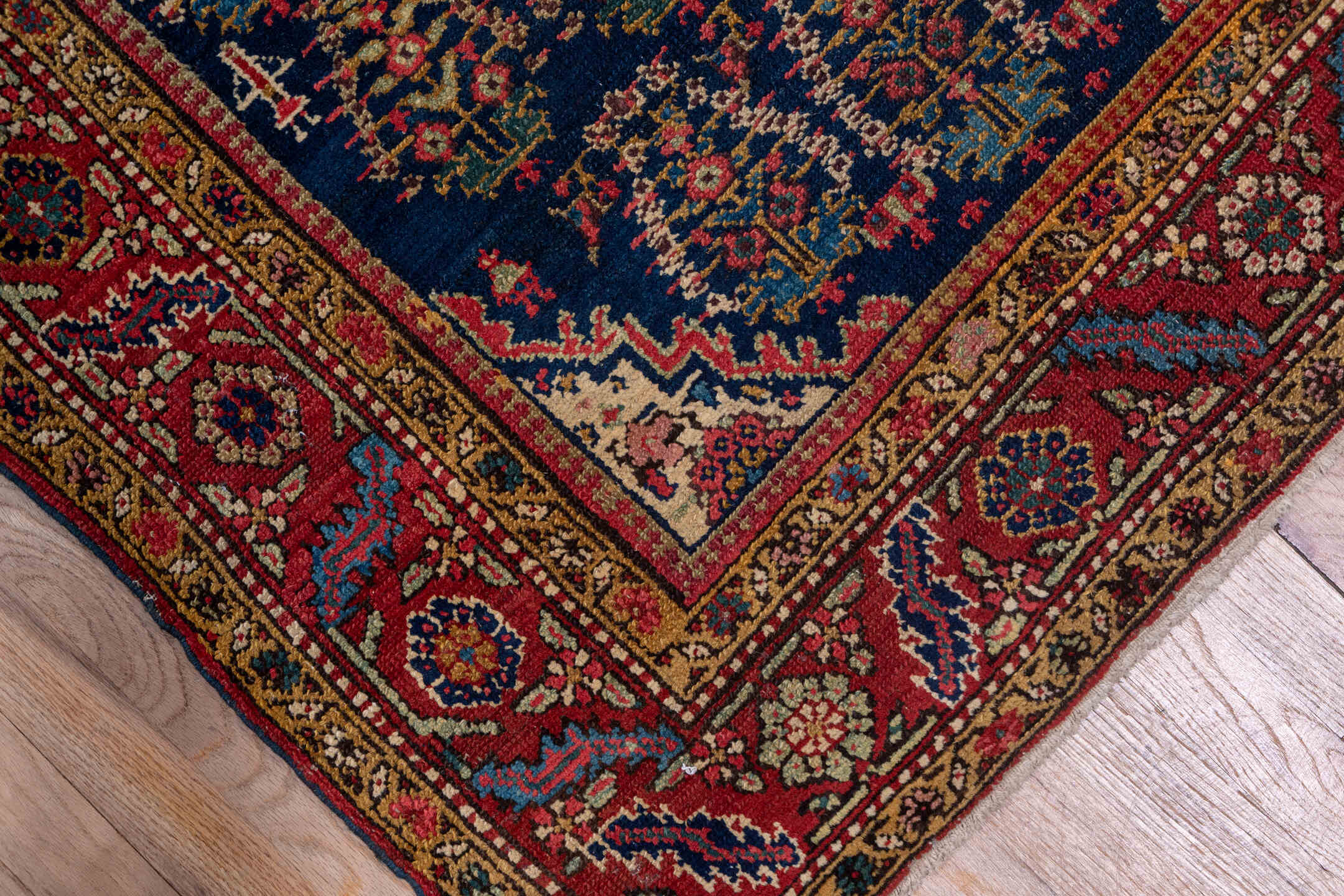 3' x 15' one-of-a-kind handmade antique NW Persian runner rug. Color palette: navy, rust, ivory, camel, indigo, burgundy