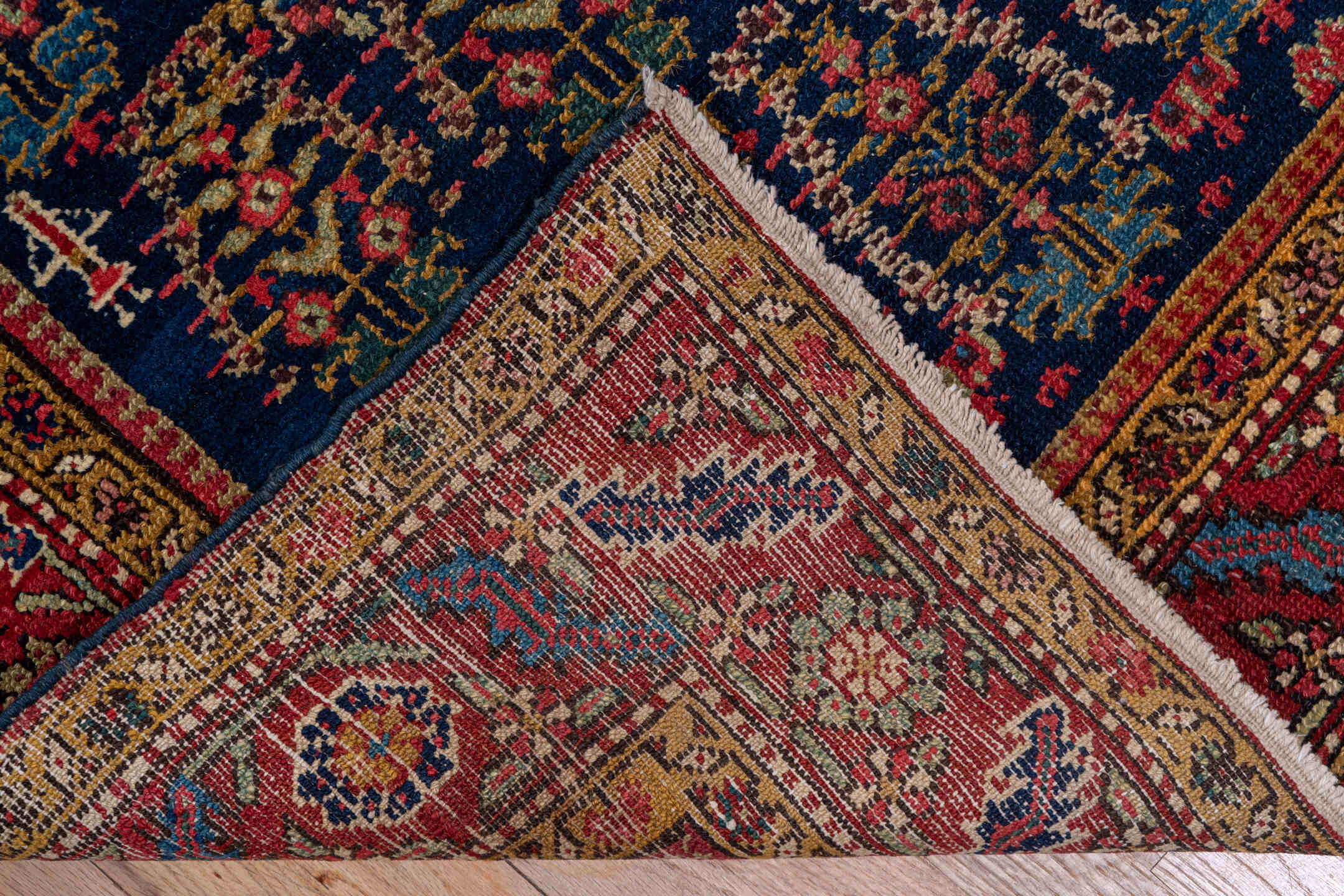 3' x 15' one-of-a-kind handmade antique NW Persian runner rug. Color palette: navy, rust, ivory, camel, indigo, burgundy