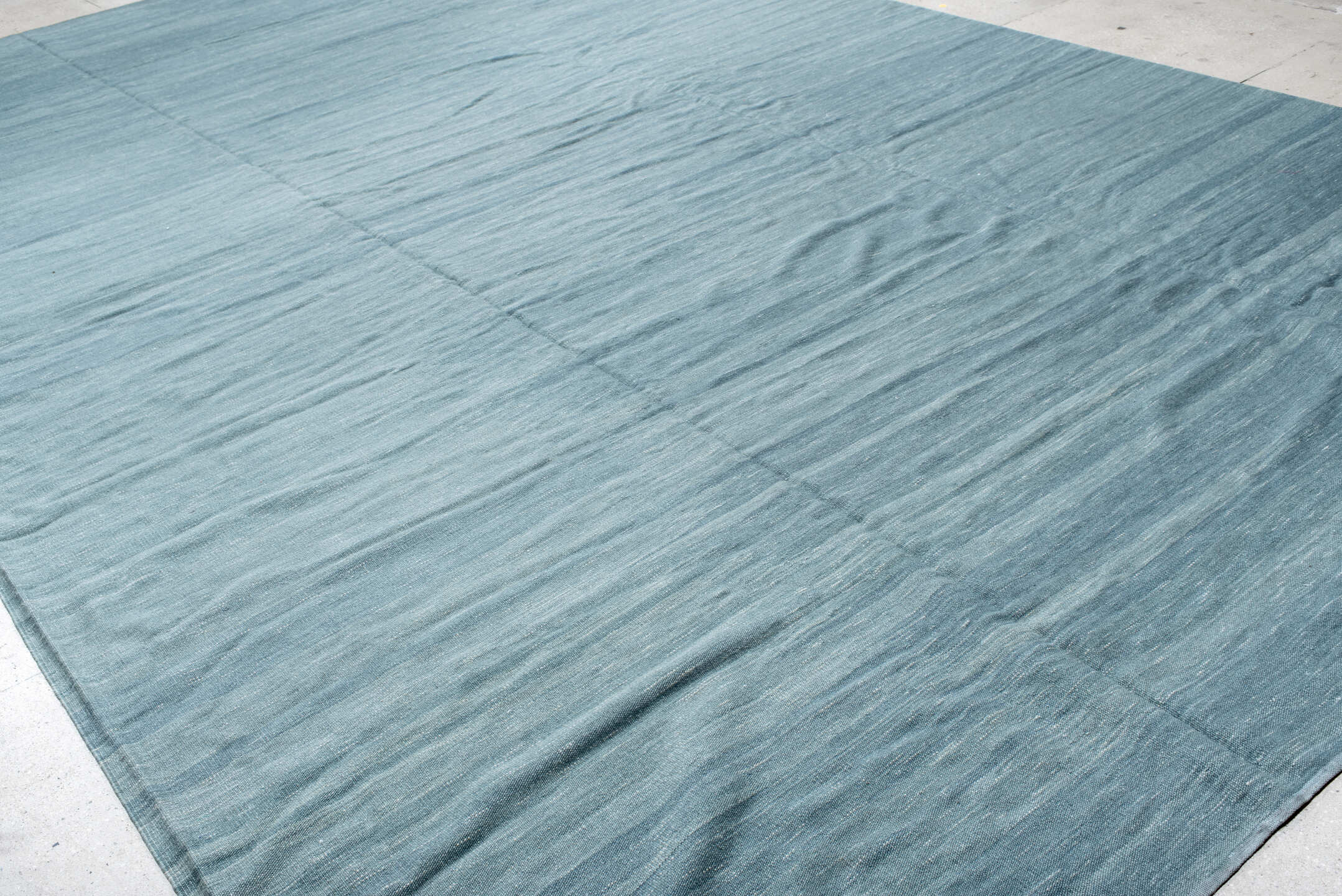 12' x 20' one-of-a-kind handmade vintage Kilim oversize rug. Color palette: sky blue, powder blue, slate, ivory, light blue